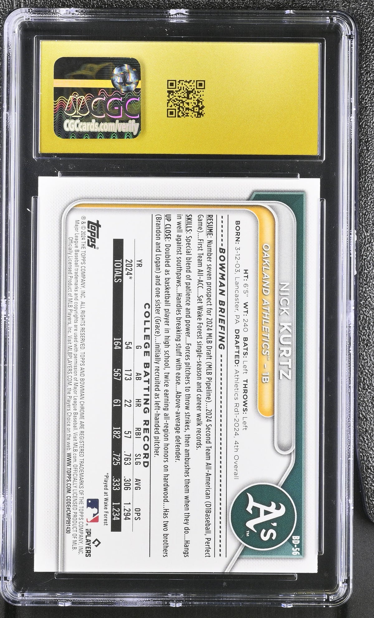 2024 Bowman Draft Nick Kurtz Rookie #BD-56 CGC 10 Pristine Athletics