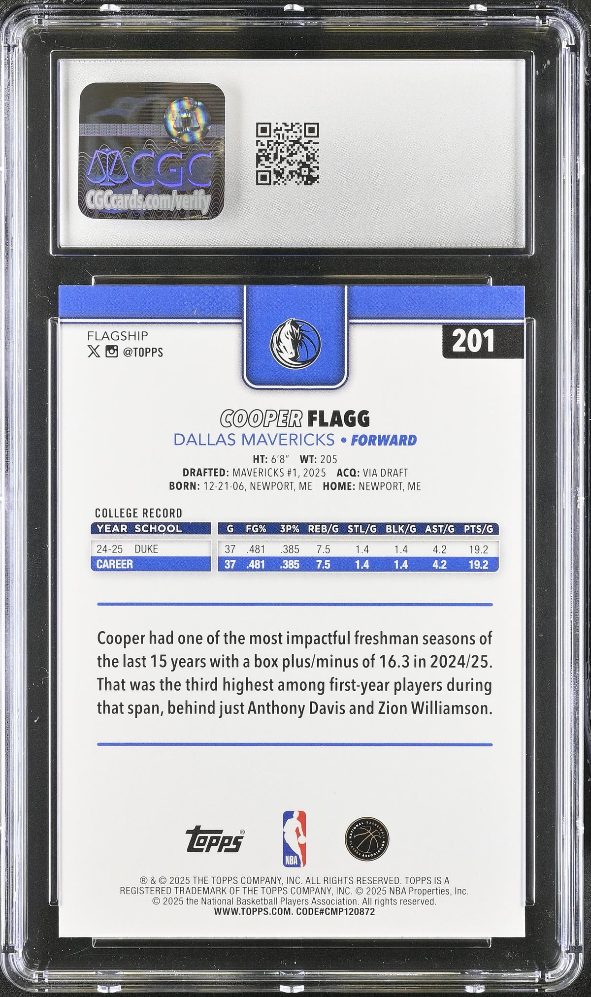 2025-26 Topps Cooper Flagg #201 CGC 10 Dallas Mavericks
