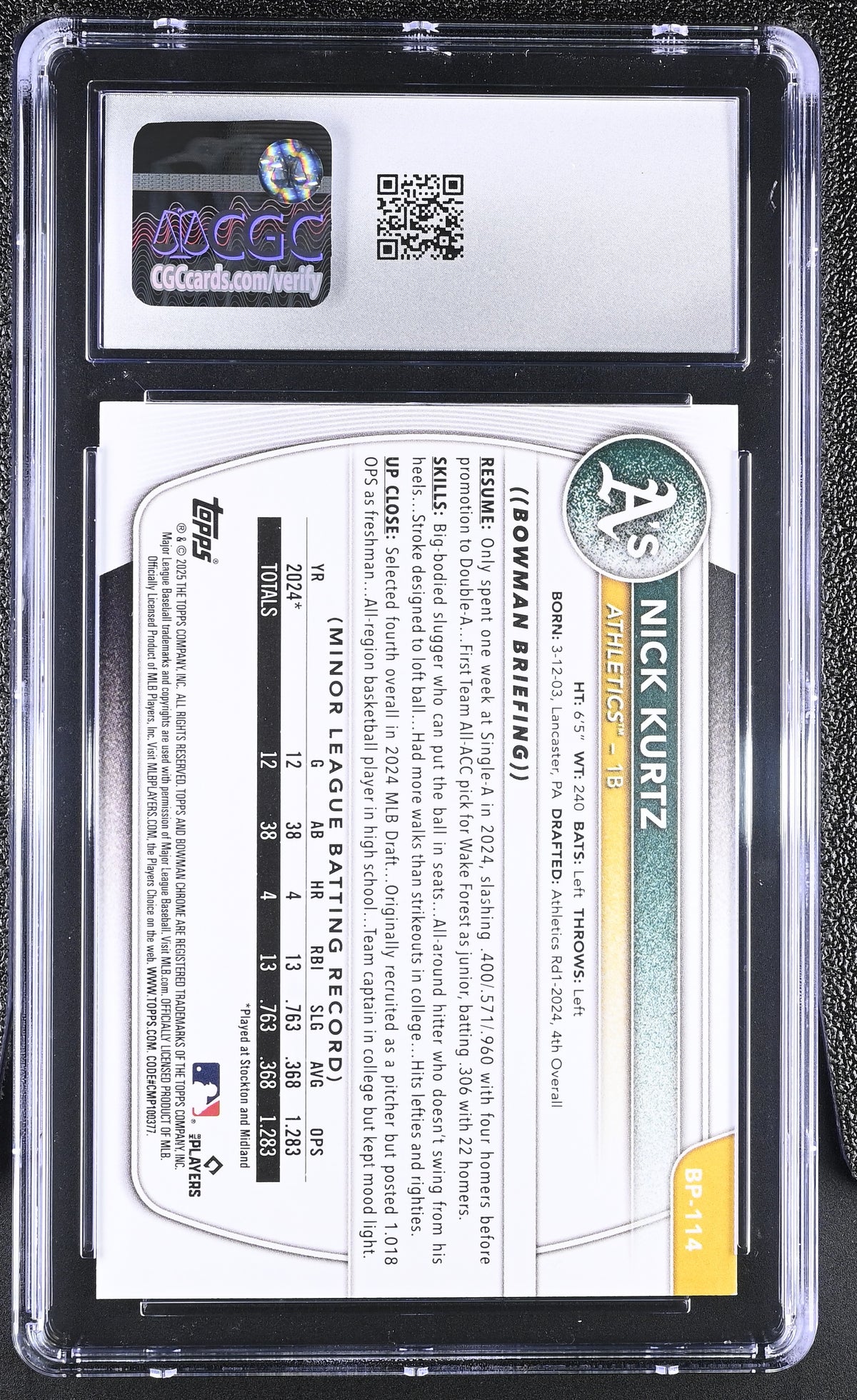 2025 Bowman Nick Kurtz Rookie Prospects #BP-114 CGC 10 Oakland Athletics