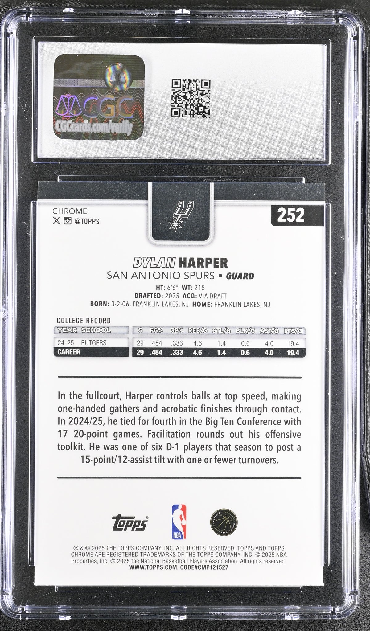 2025-26 Topps Chrome Dylan Harper RayWave Refractor Rookie #252 CGC 9.5 Spurs