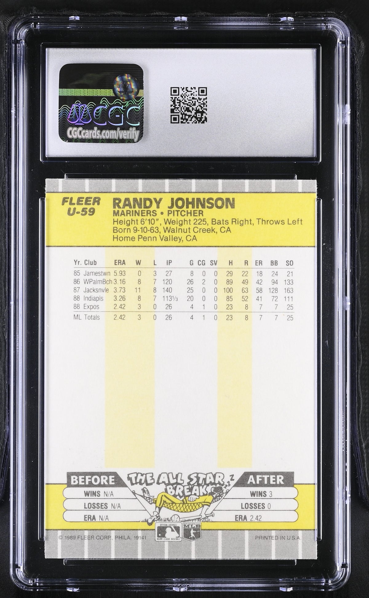 1989 Fleer Update Randy Johnson Rookie #U-59 CGC 9 Seattle Mariners