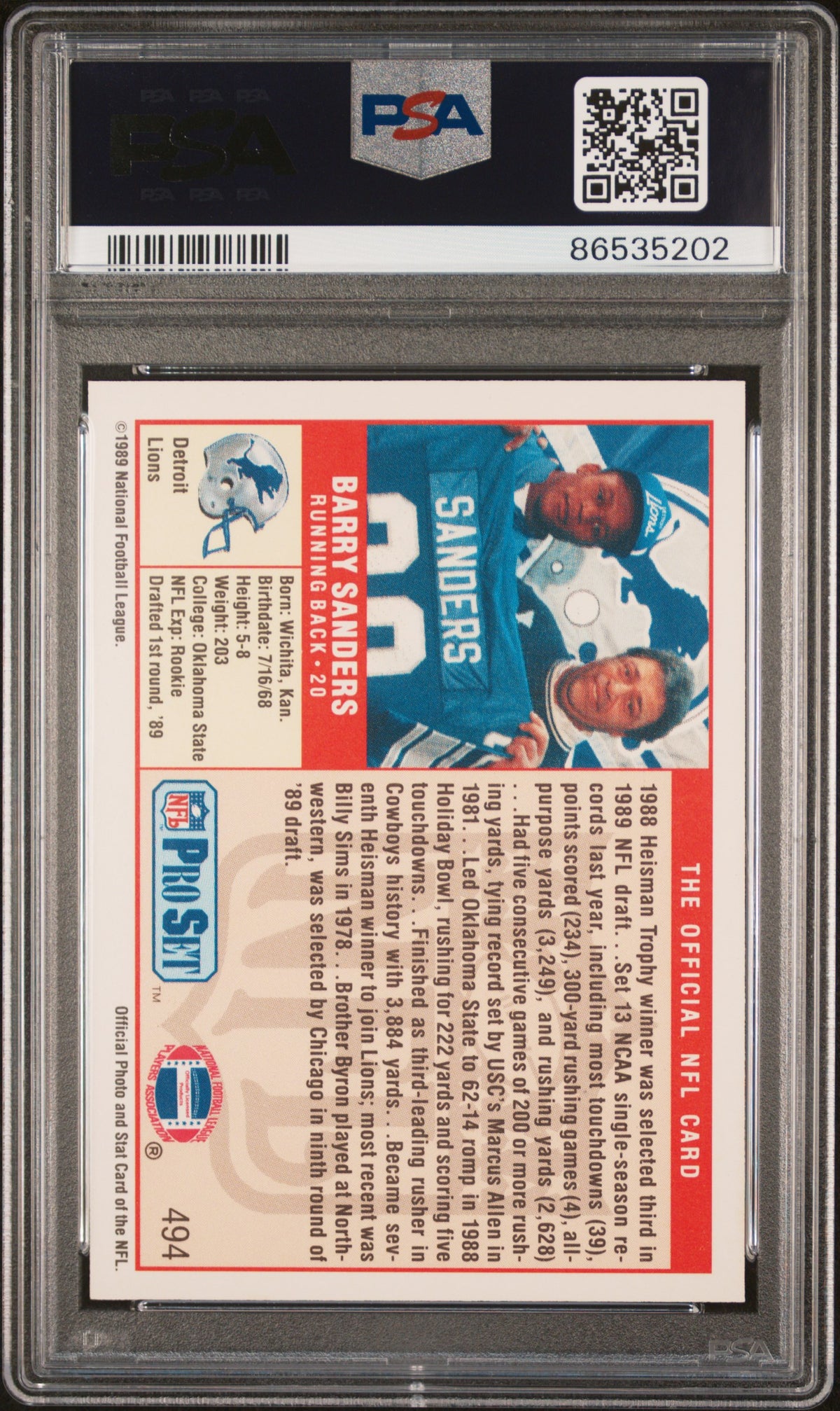 1989 Pro Set Barry Sanders Rookie #494 PSA 8.5 Detroit Lions