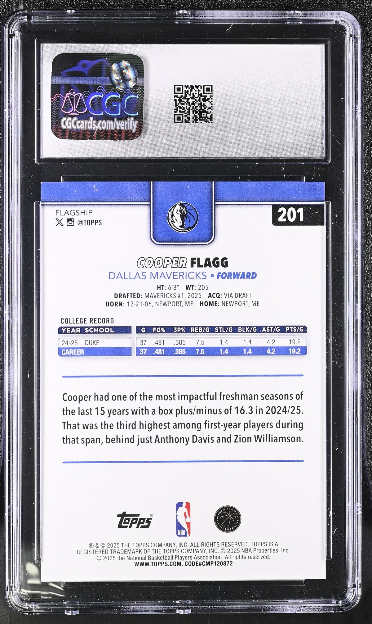 2025-26 Topps Cooper Flagg Rookie #201 CGC 9.5 Dallas Mavericks
