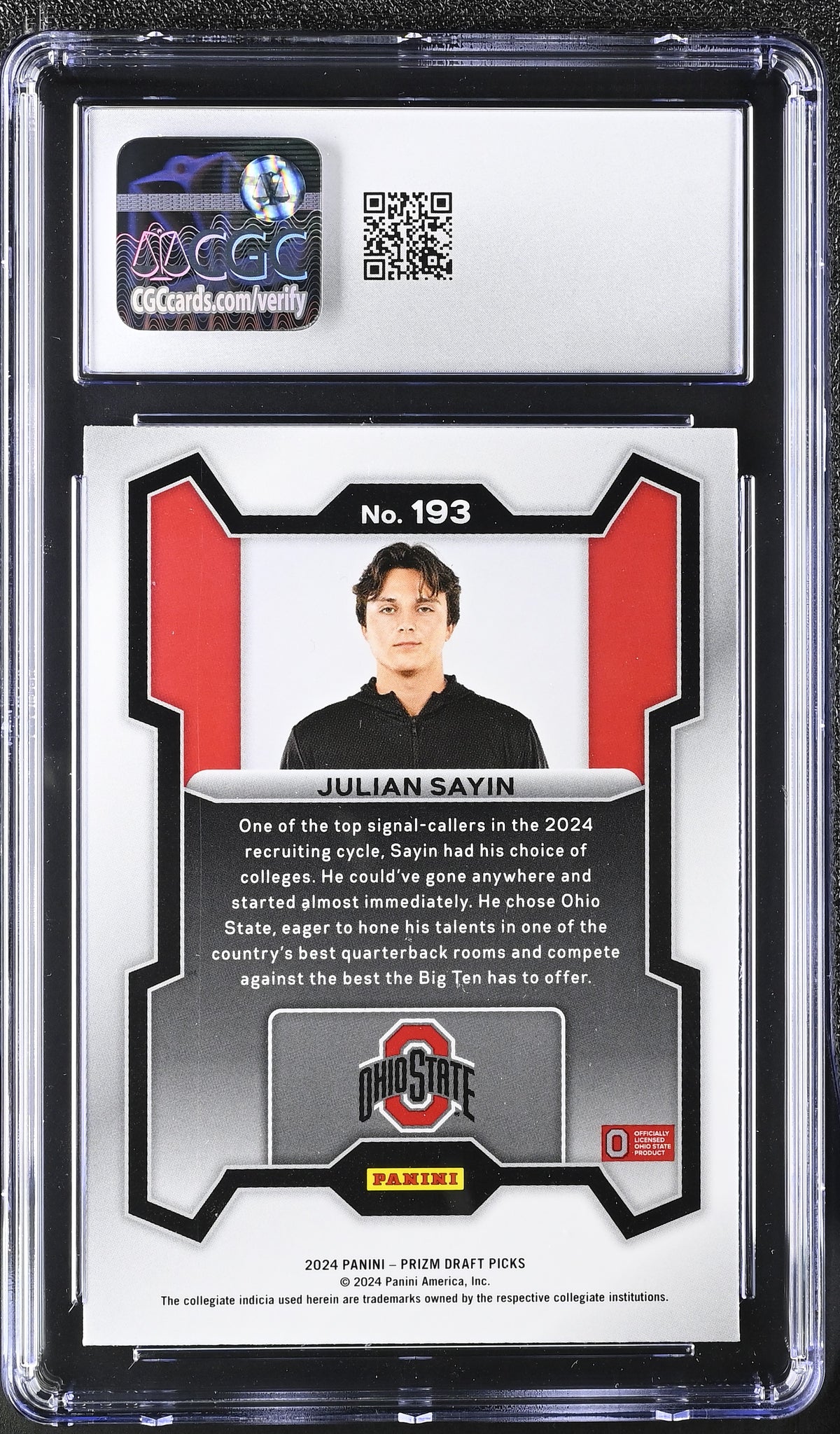2024 Panini Prizm Draft Picks Julian Sayin Rookie #193 CGC 9.5 Ohio State