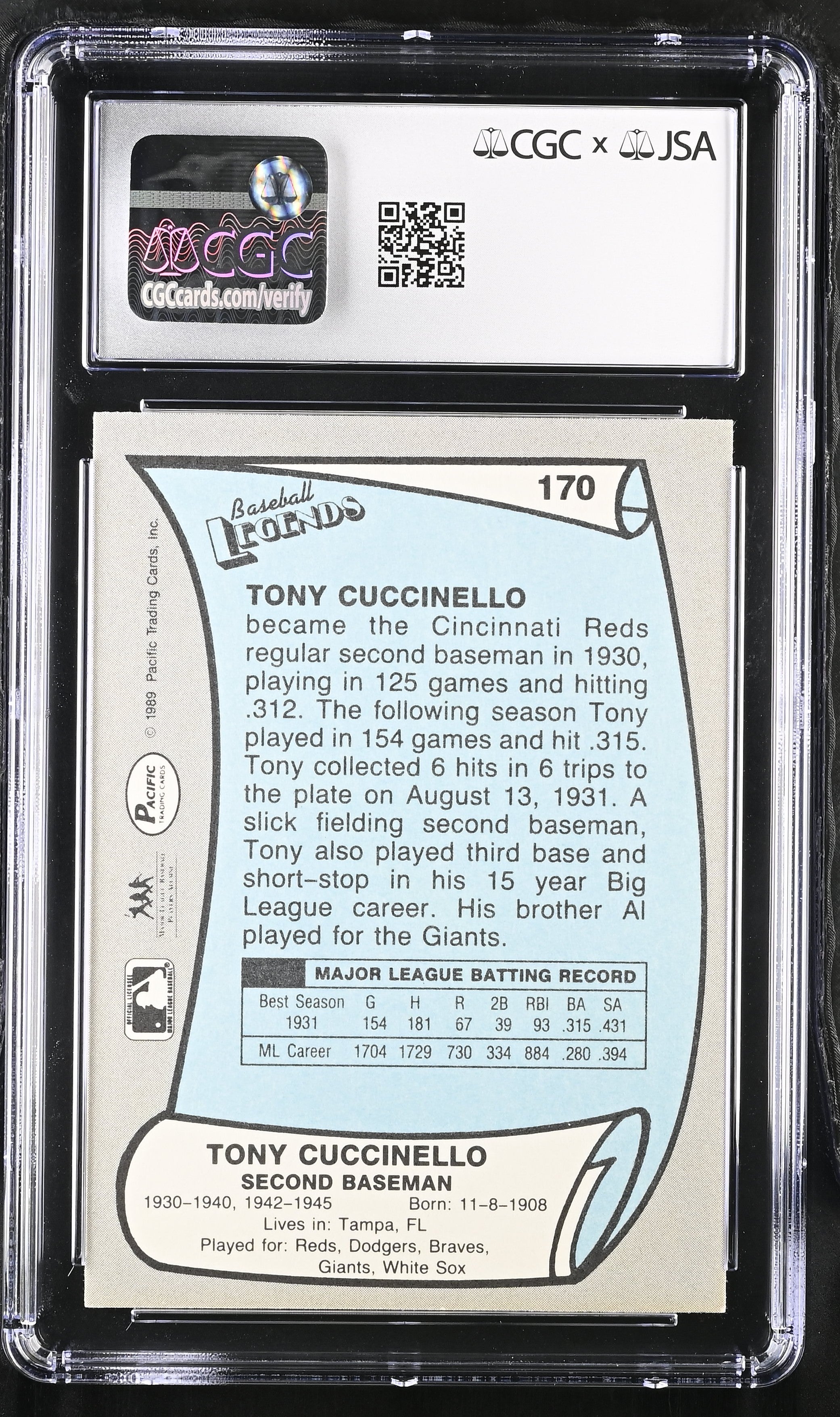 1989 Pacific Legends Tony Cuccinello #170 CGC Authentic JSA Auto 8