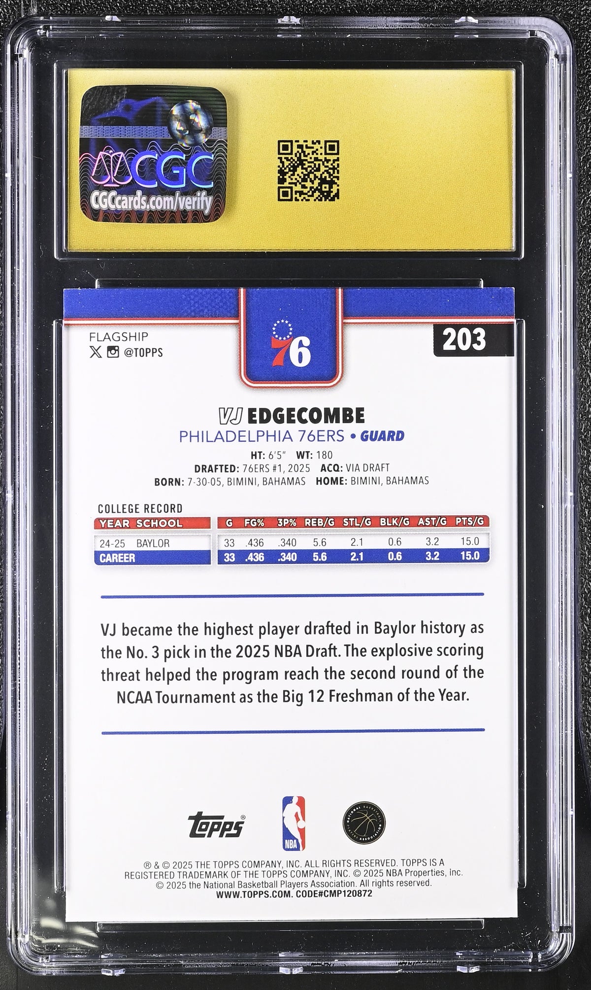 2025-26 Topps VJ Edgecombe Diamante Foil Rookie #203 CGC 10 Philadelphia 76ers