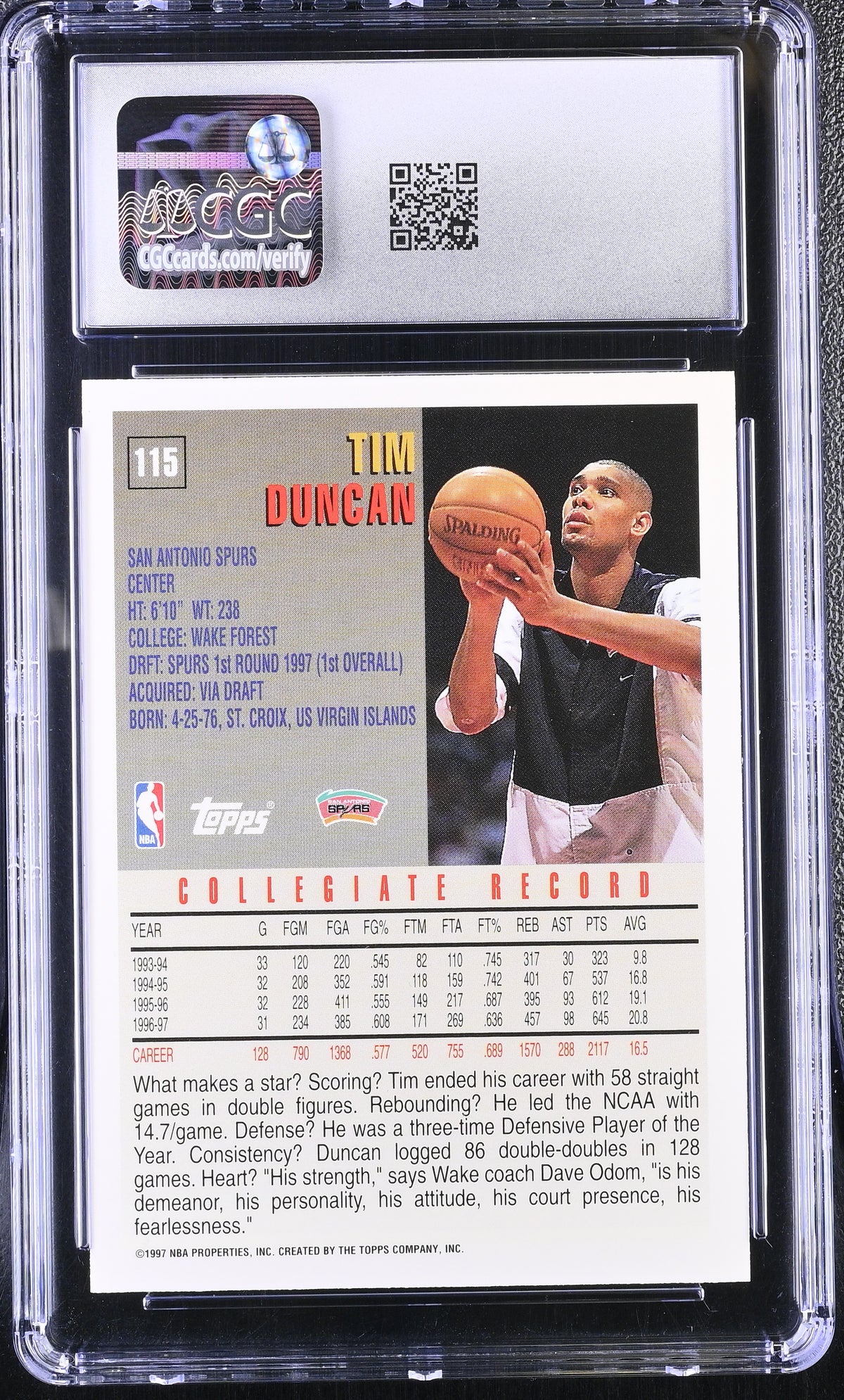 1997-98 Topps Tim Duncan Minted in Springfield Rookie #115 CGC 9 Spurs