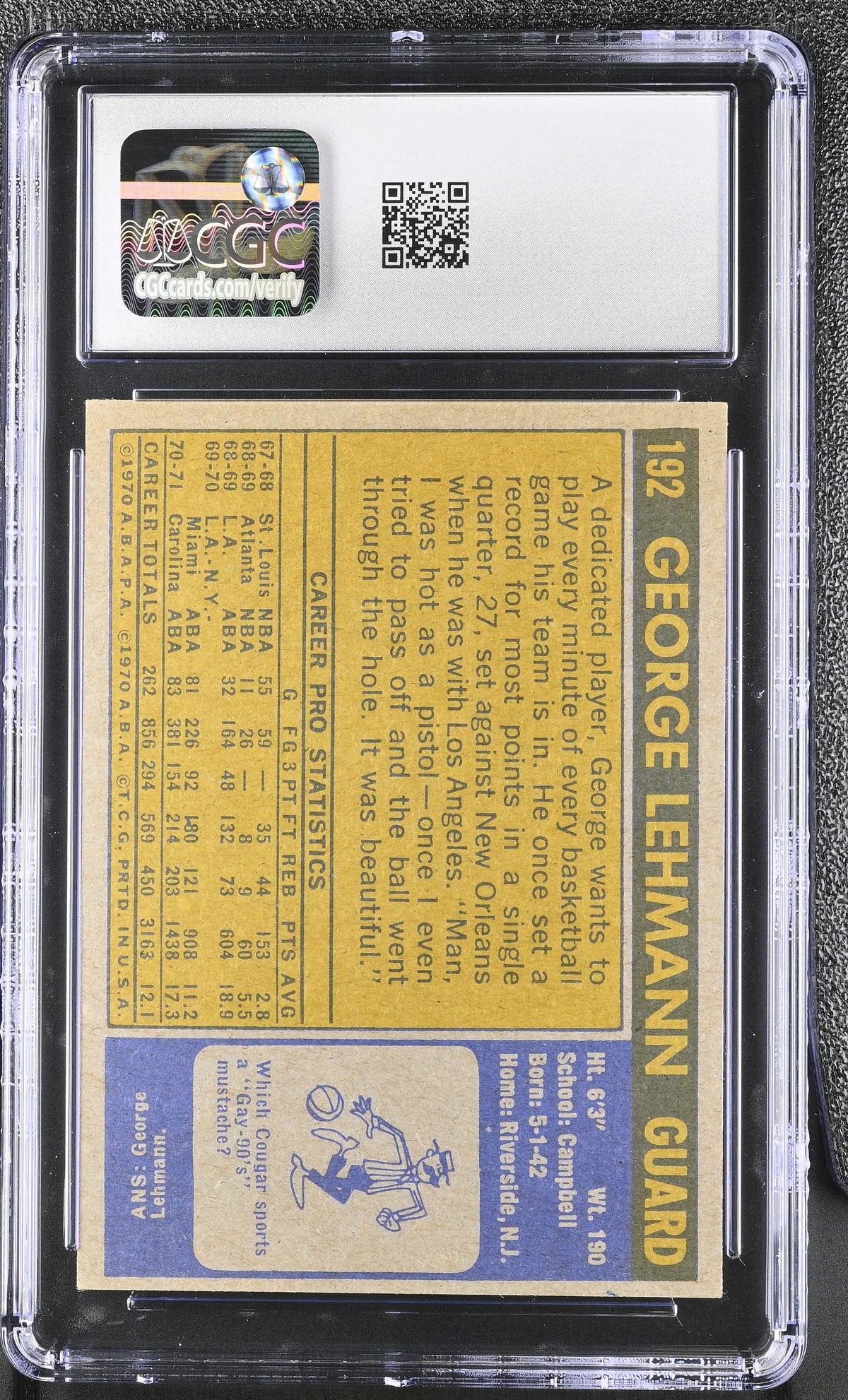 1971-72 Topps George Lehmann #192 CGC 7 Carolina Cougars