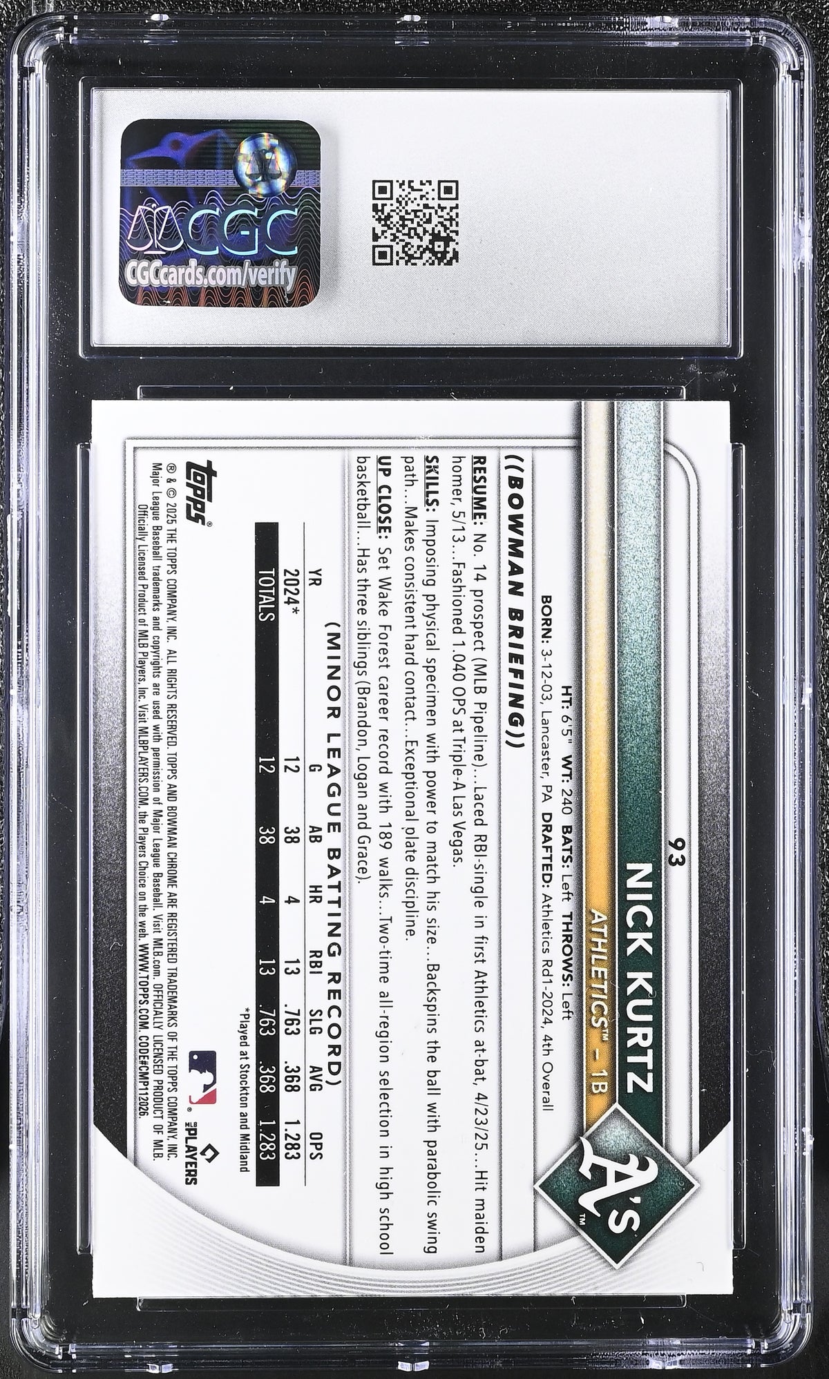 2025 Bowman Chrome Nick Kurtz Rookie #93 CGC 9 Oakland Athletics