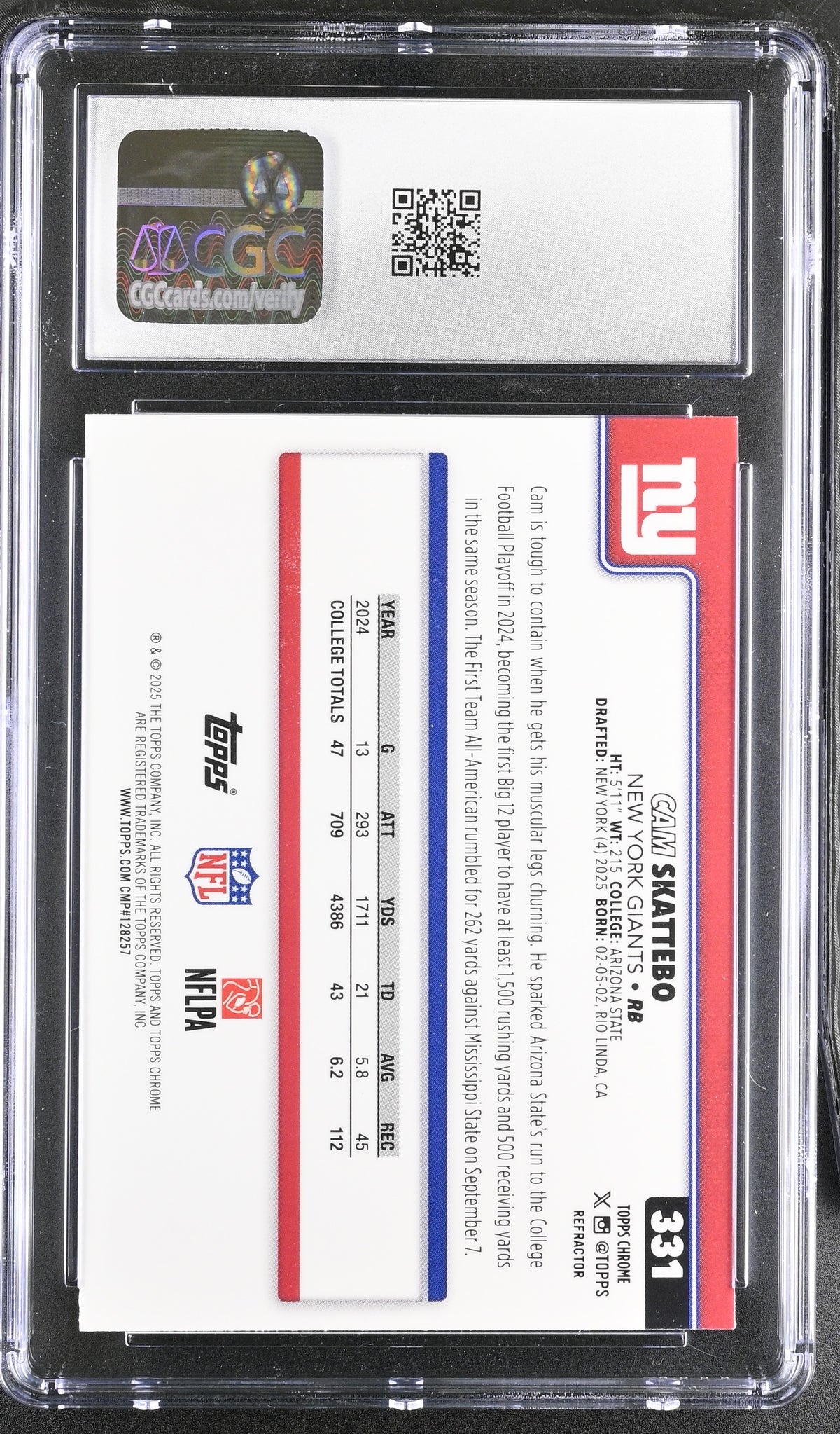 2025 Topps Chrome Cam Skattebo Refractor Rookie #331 CGC 10 New York Giants