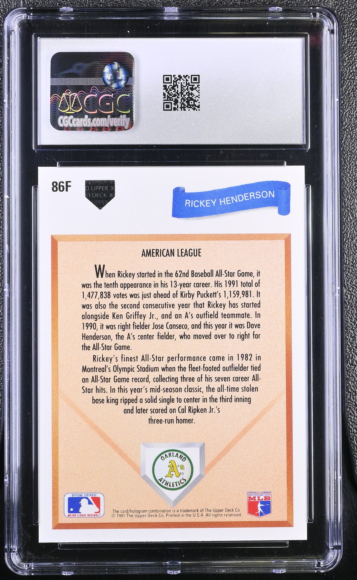 1991 Upper Deck Final Edition Rickey Henderson #86F CGC 10 Oakland Athletics