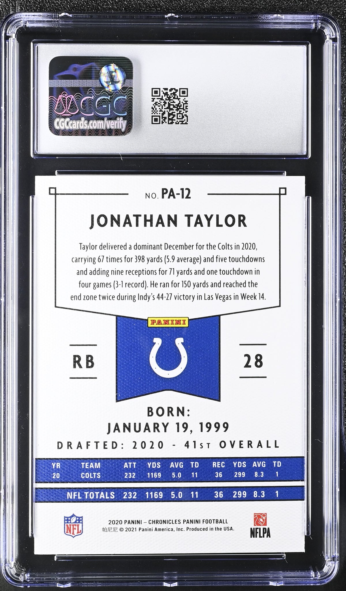 2020 Panini Chronicles Jonathan Taylor Teal Rookie Panini #PA-12 CGC 9.5 Colts