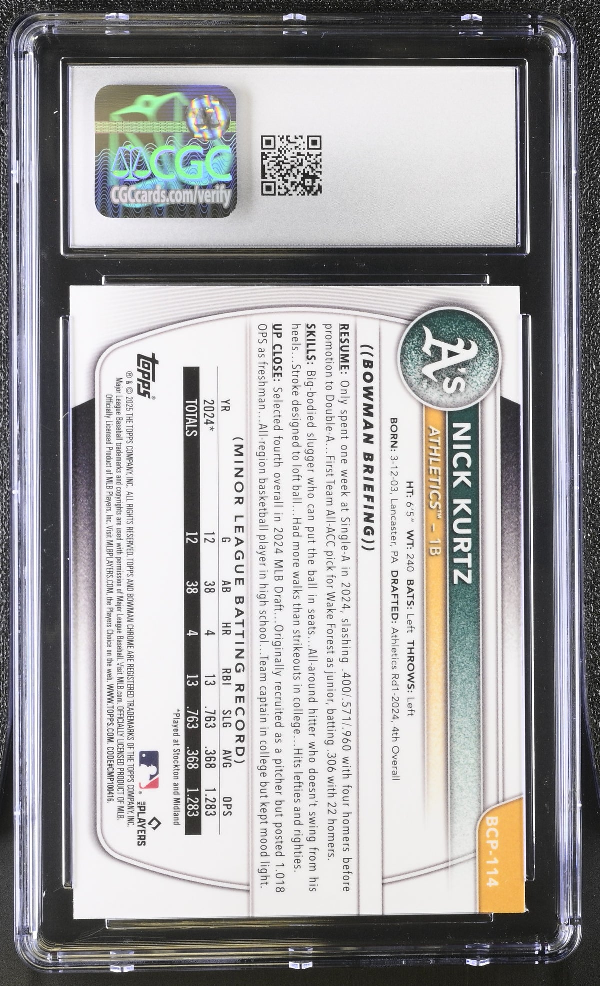 2025 Bowman Nick Kurtz Rookie Chrome Prospects #BCP-114 CGC 9 Oakland Athletics