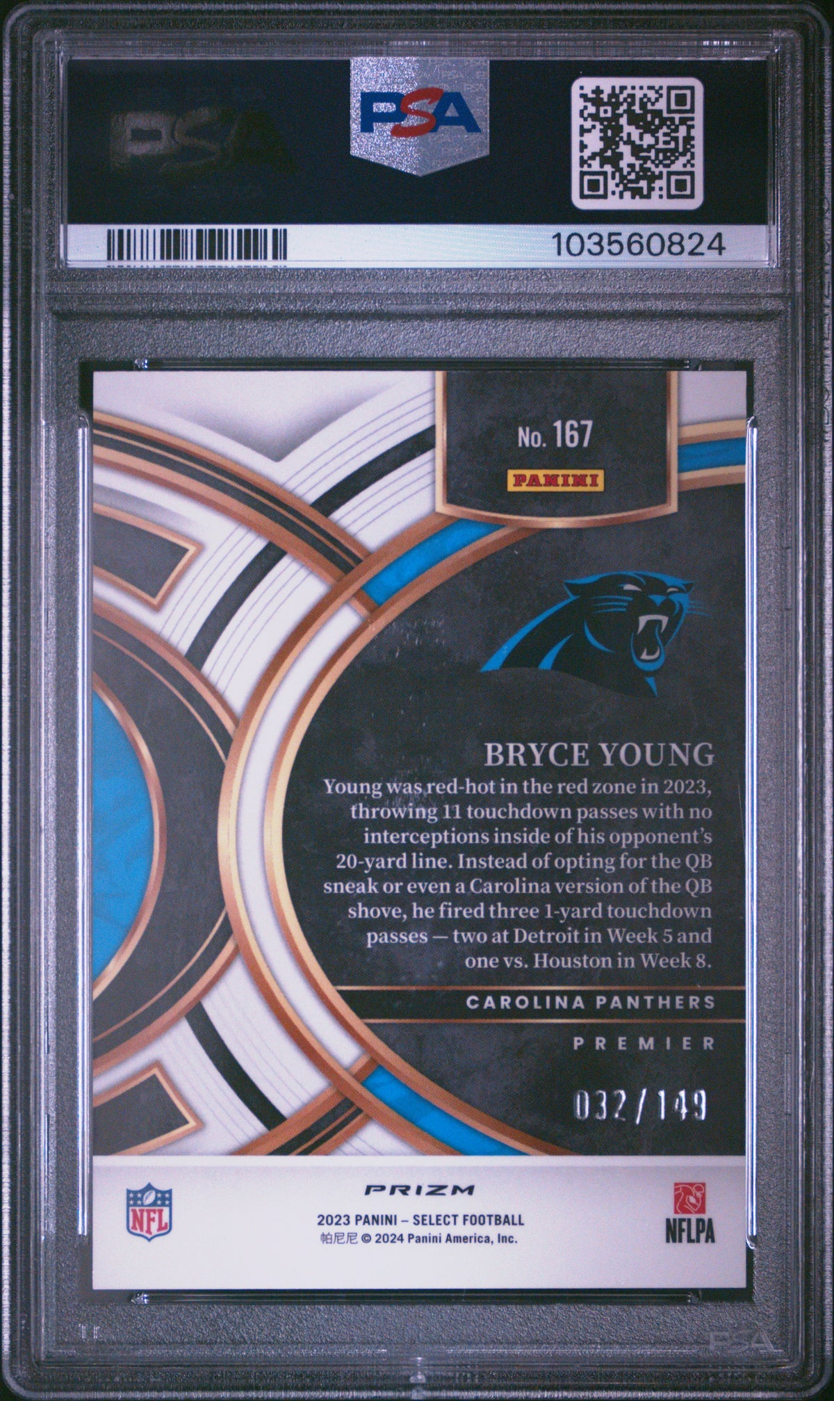 2023 Panini Select Bryce Young Blue Prizm /149 Rookie #167 PSA 10 Panthers