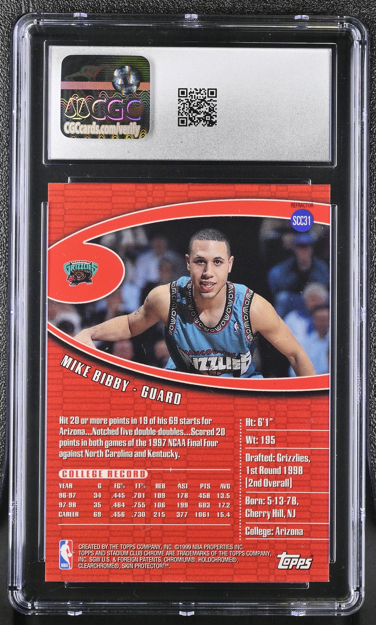 1998-99 Stadium Club Mike Bibby Refractor Rookie Chrome #SCC31 CGC 10 Grizzlies
