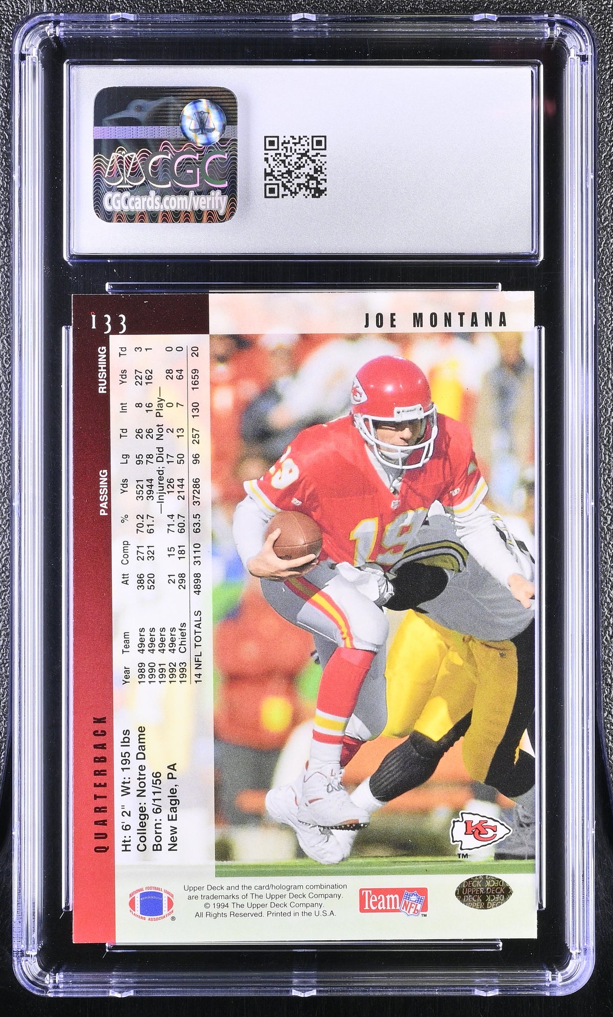 1994 Upper Deck Joe Montana #133 CGC 10 Kansas City Chiefs