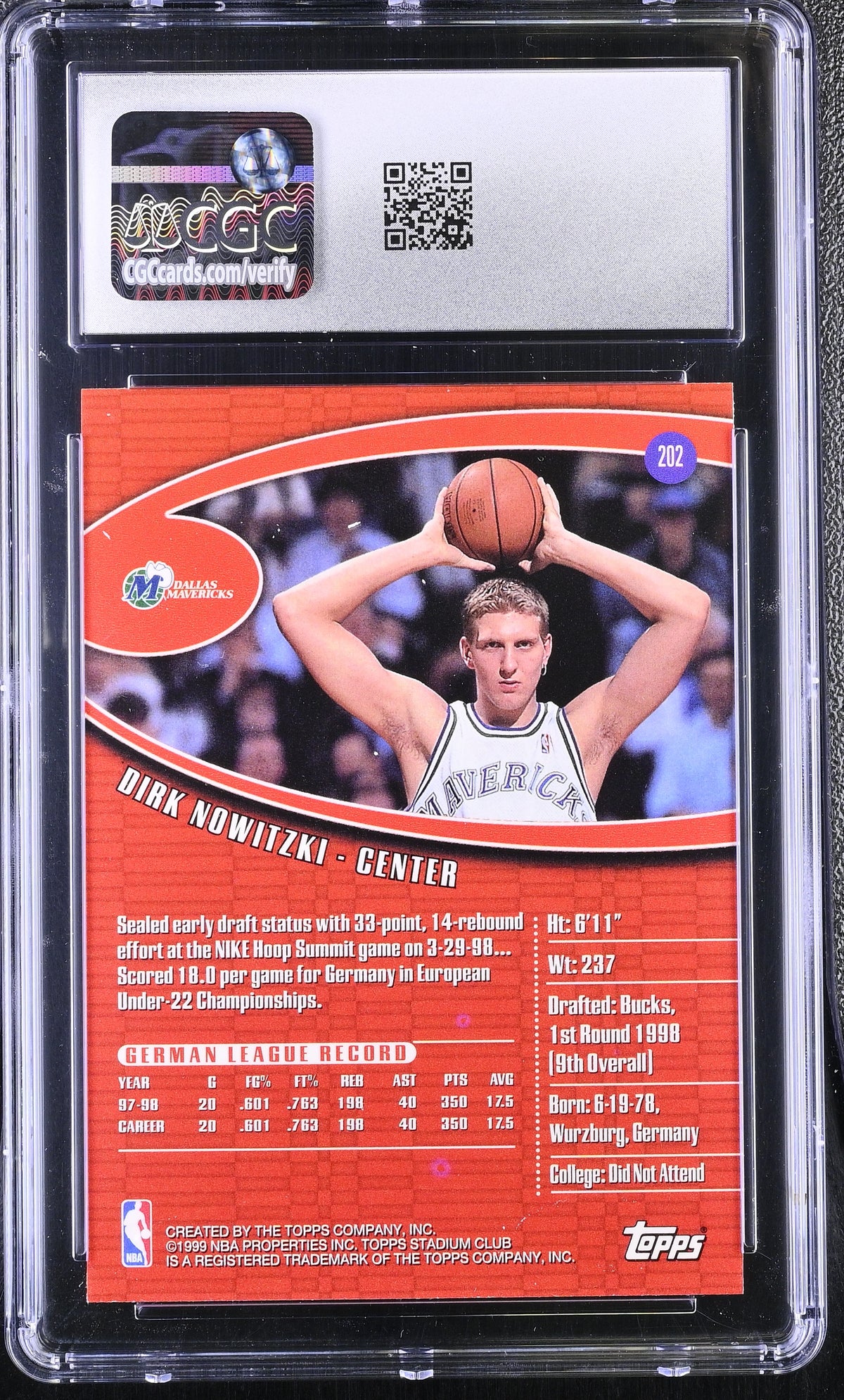 1998-99 Stadium Club Dirk Nowitzki Rookie #202 CGC 9 Dallas Mavericks