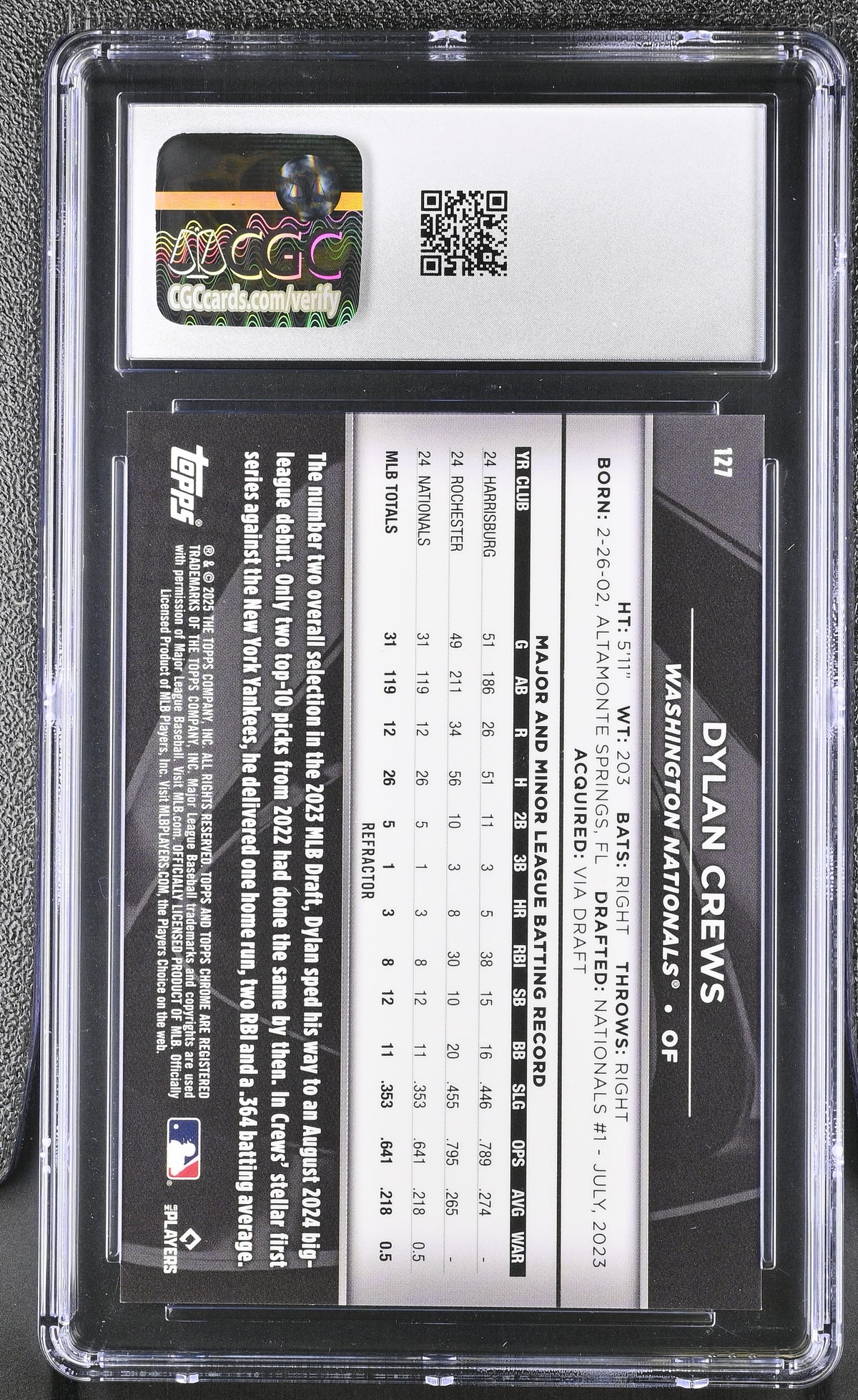 2025 Topps Chrome Black Dylan Crews Refractor /199 Rookie #127 CGC 10 Nationals