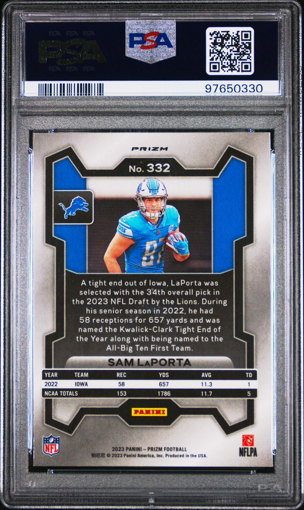 2023 Panini Prizm Sam Laporta Neon Green Pulsar #332 PSA 7