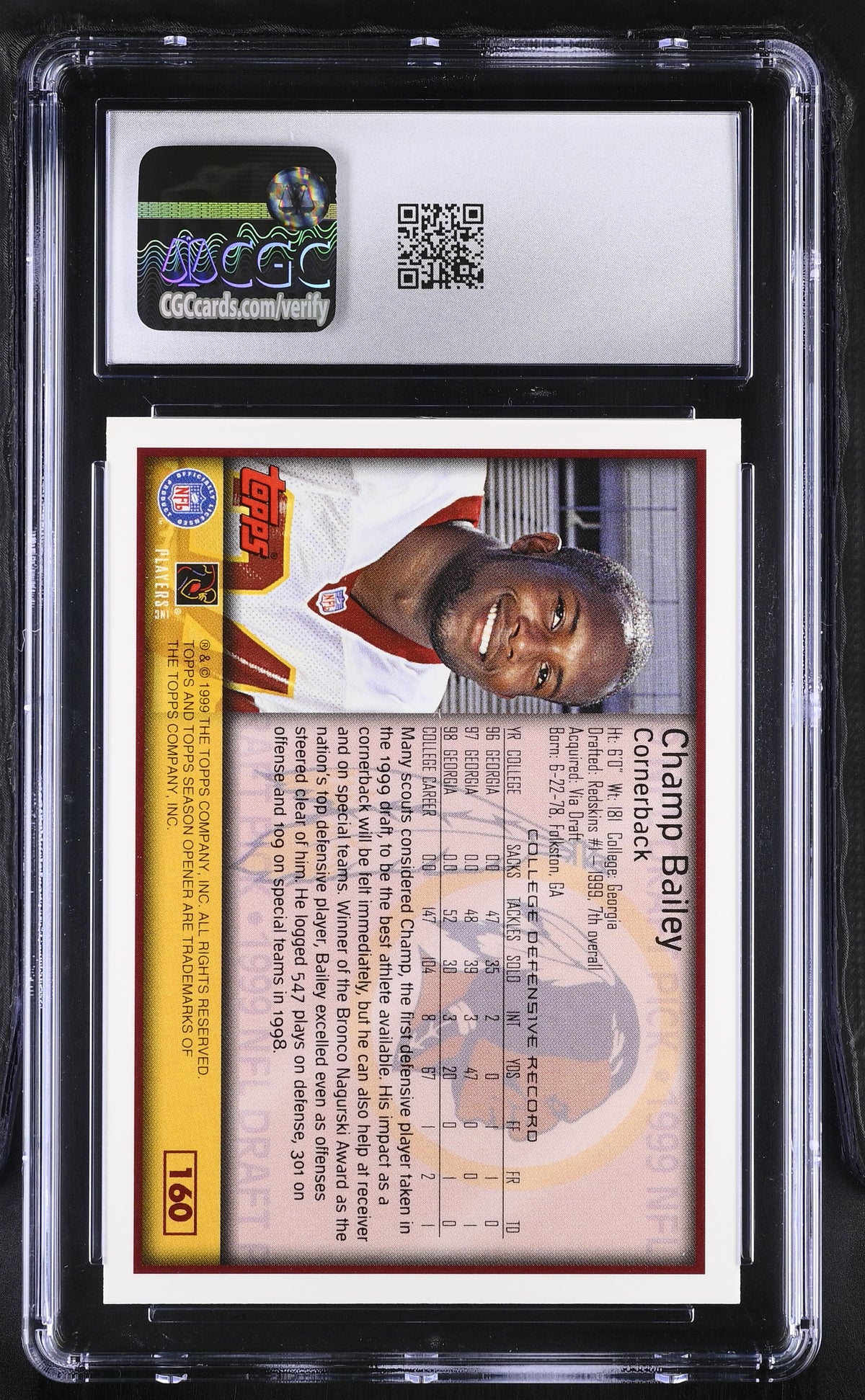 1999 Topps Season Opener Champ Bailey Rookie #160 CGC 9.5 Washington Redskins
