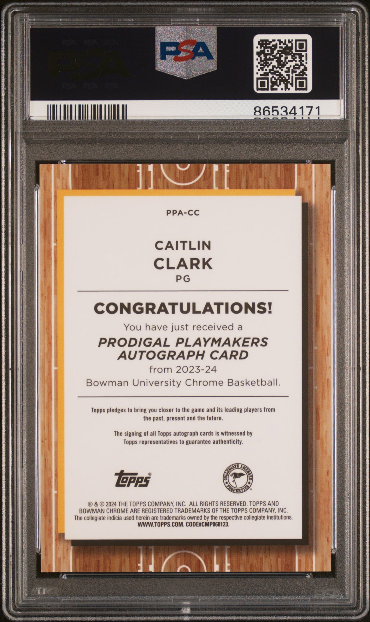 2023 Bowman University Chrome Prodigal Playmakers Auto Caitlin Clark PSA 10