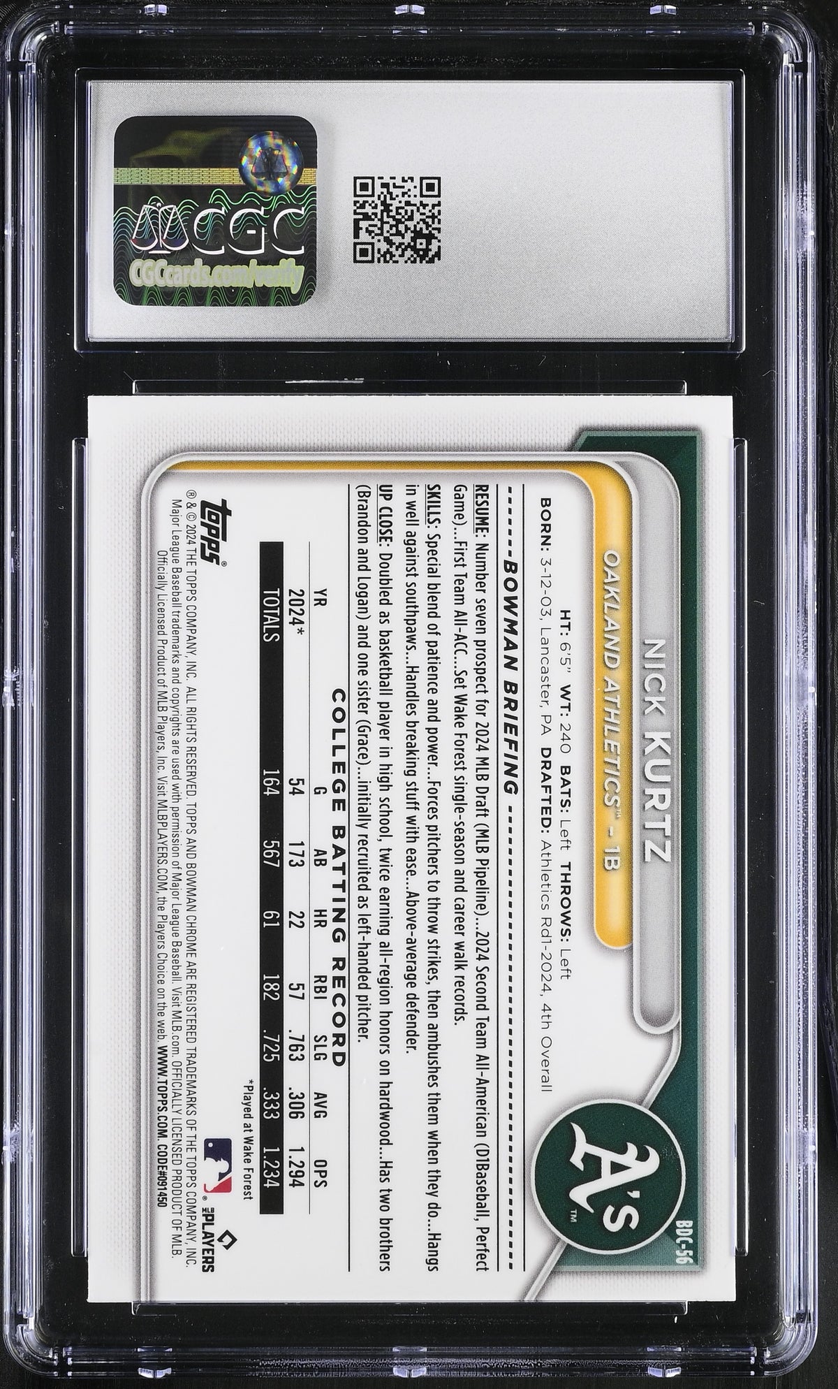 2024 Bowman Draft Nick Kurtz Rookie Chrome #BDC-56 CGC 10 Oakland Athletics