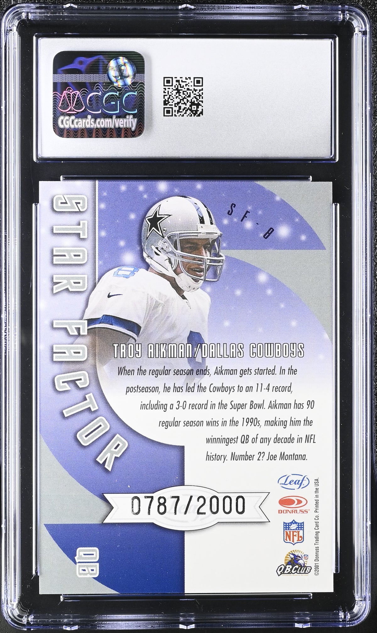 2001 Leaf Troy Aikman 787/2000 Star Factor #SF-8 CGC 10 Dallas Cowboys