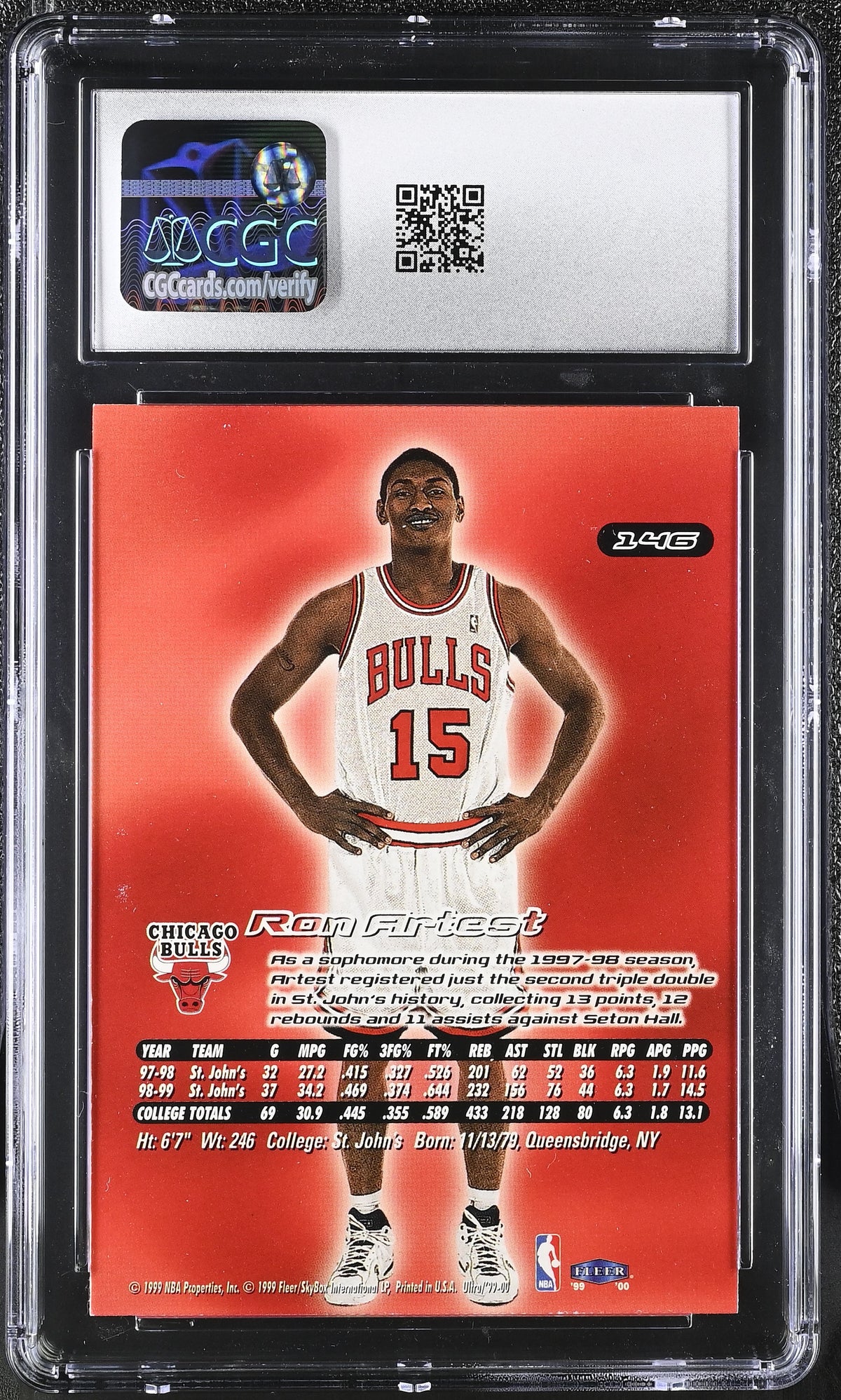 1999-00 Fleer Ultra Ron Artest Rookie #146 CGC 9 Chicago Bulls