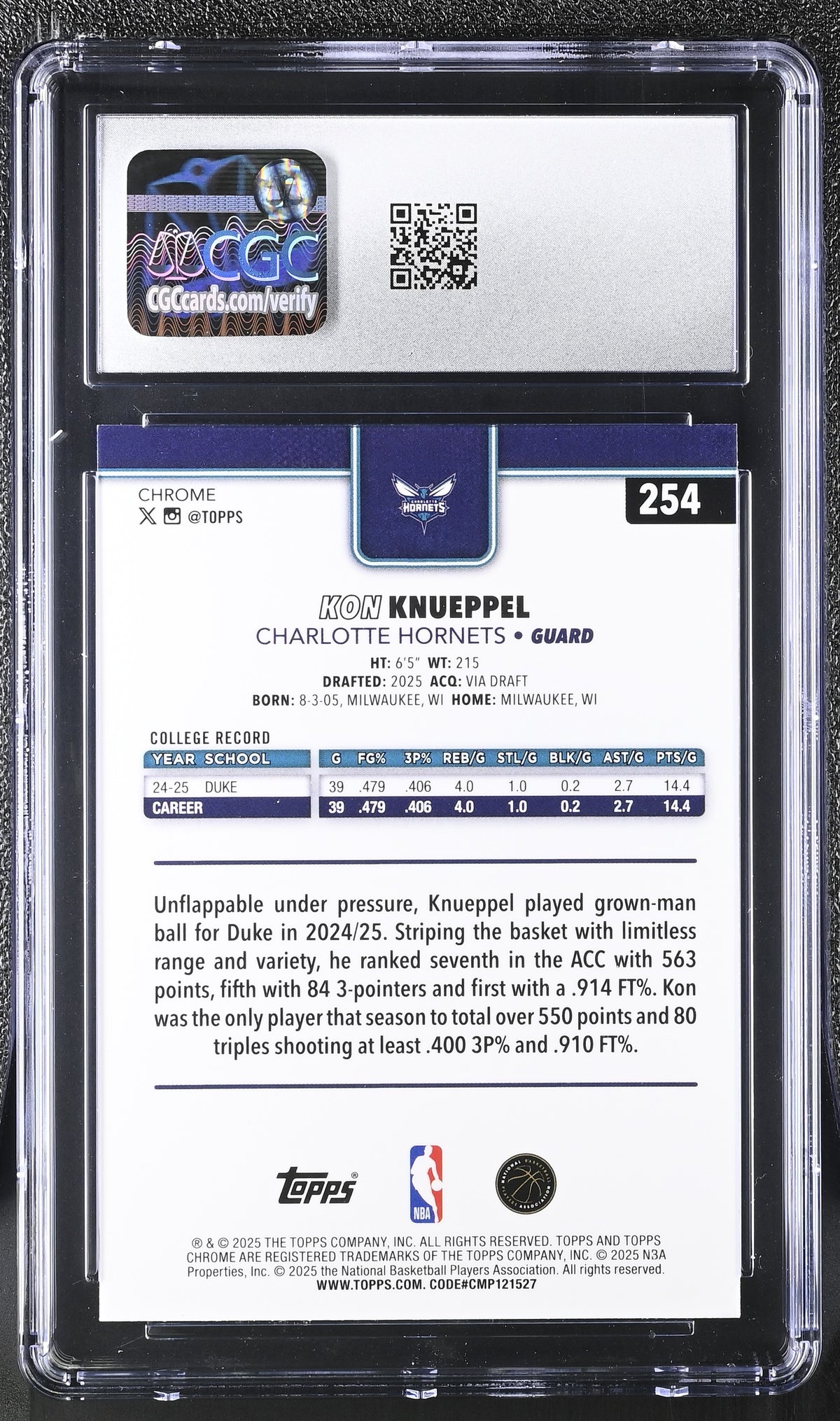 2025-26 Topps Chrome Kon Knueppel Prism Refractor Rookie #254 CGC 10 Hornets