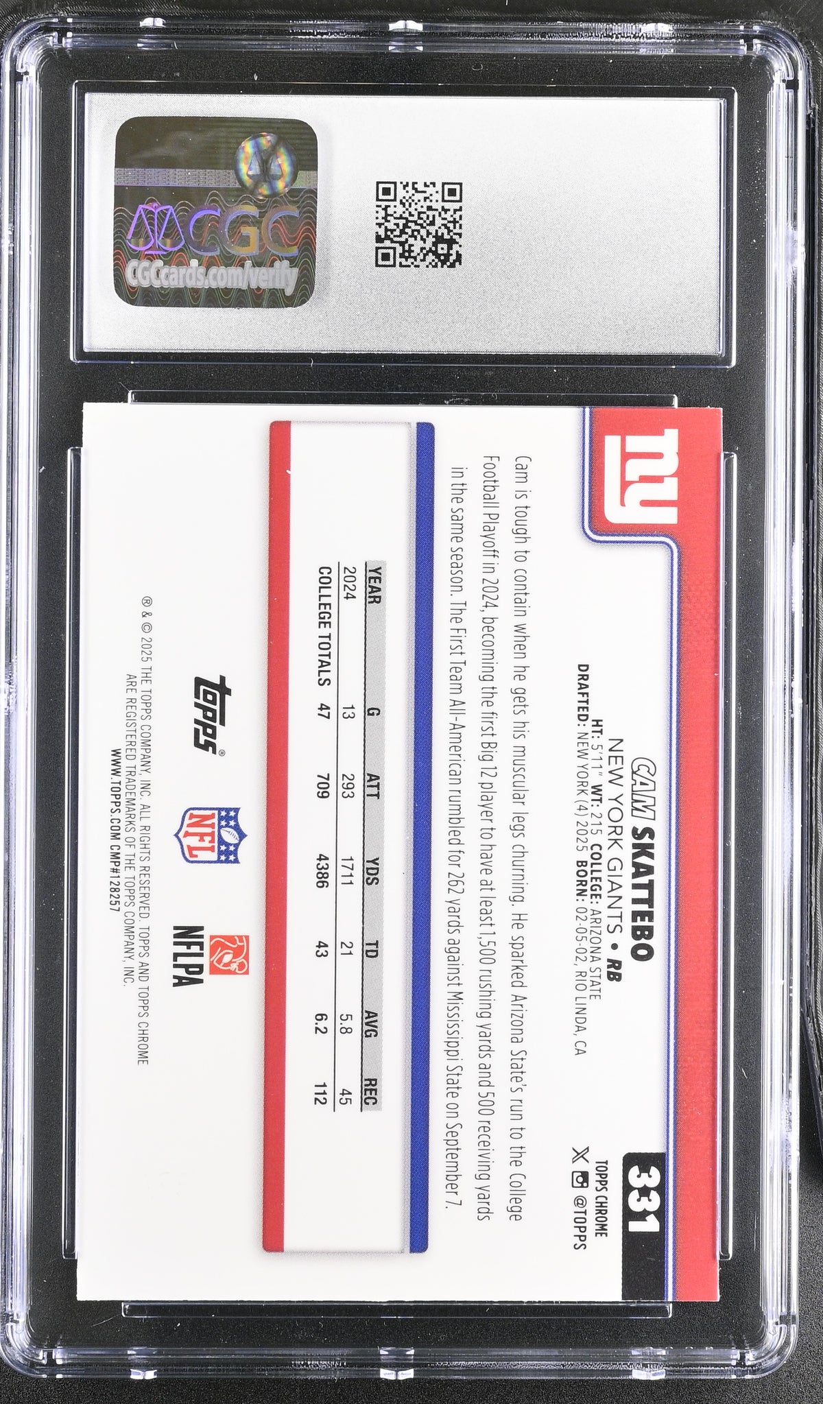 2025 Topps Chrome Cam Skattebo Green Refractor /99 Rookie #331 CGC 9 Giants