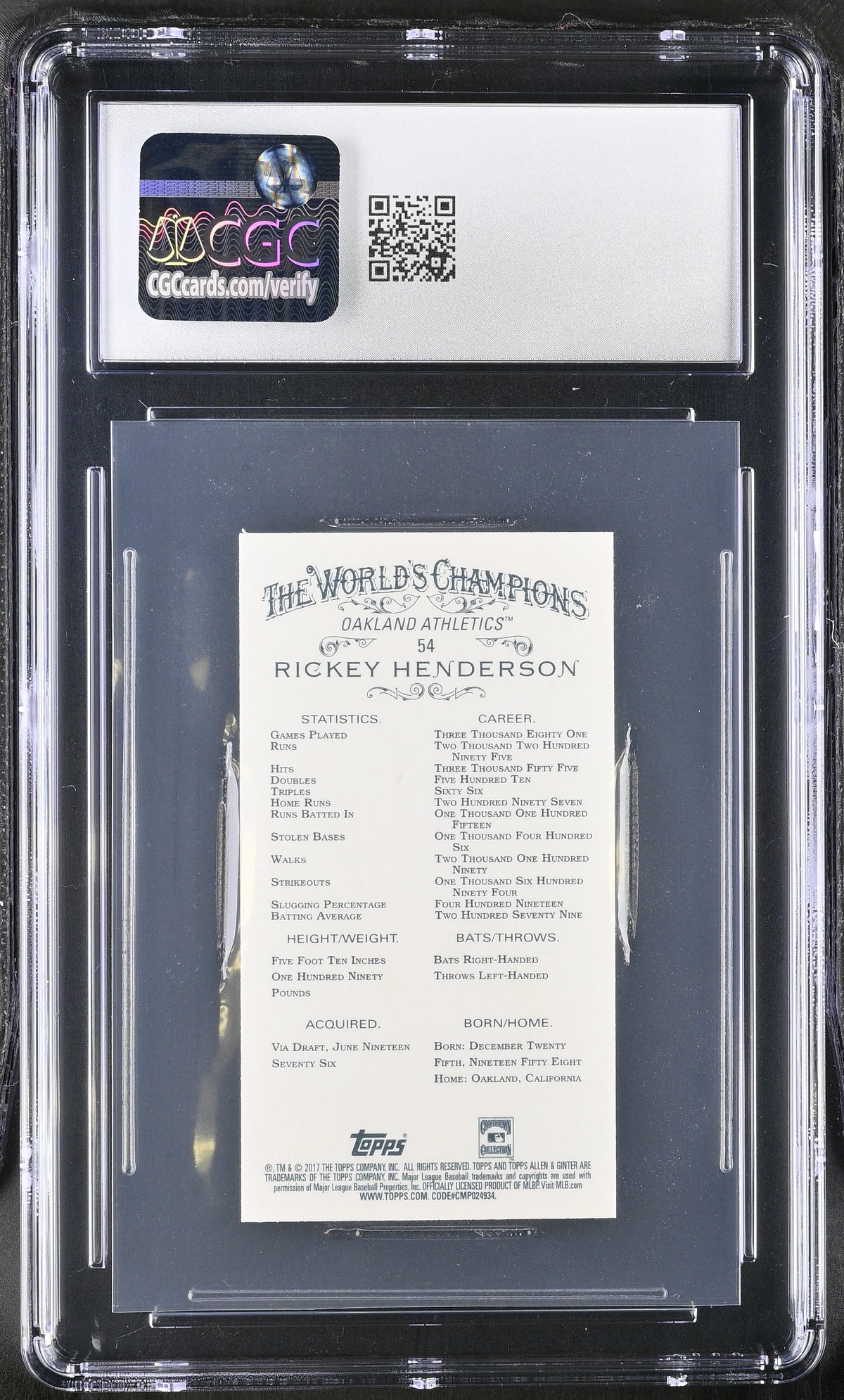 2017 Topps Allen & Ginter Rickey Henderson Black Border Mini 54 CGC 10 Athletics