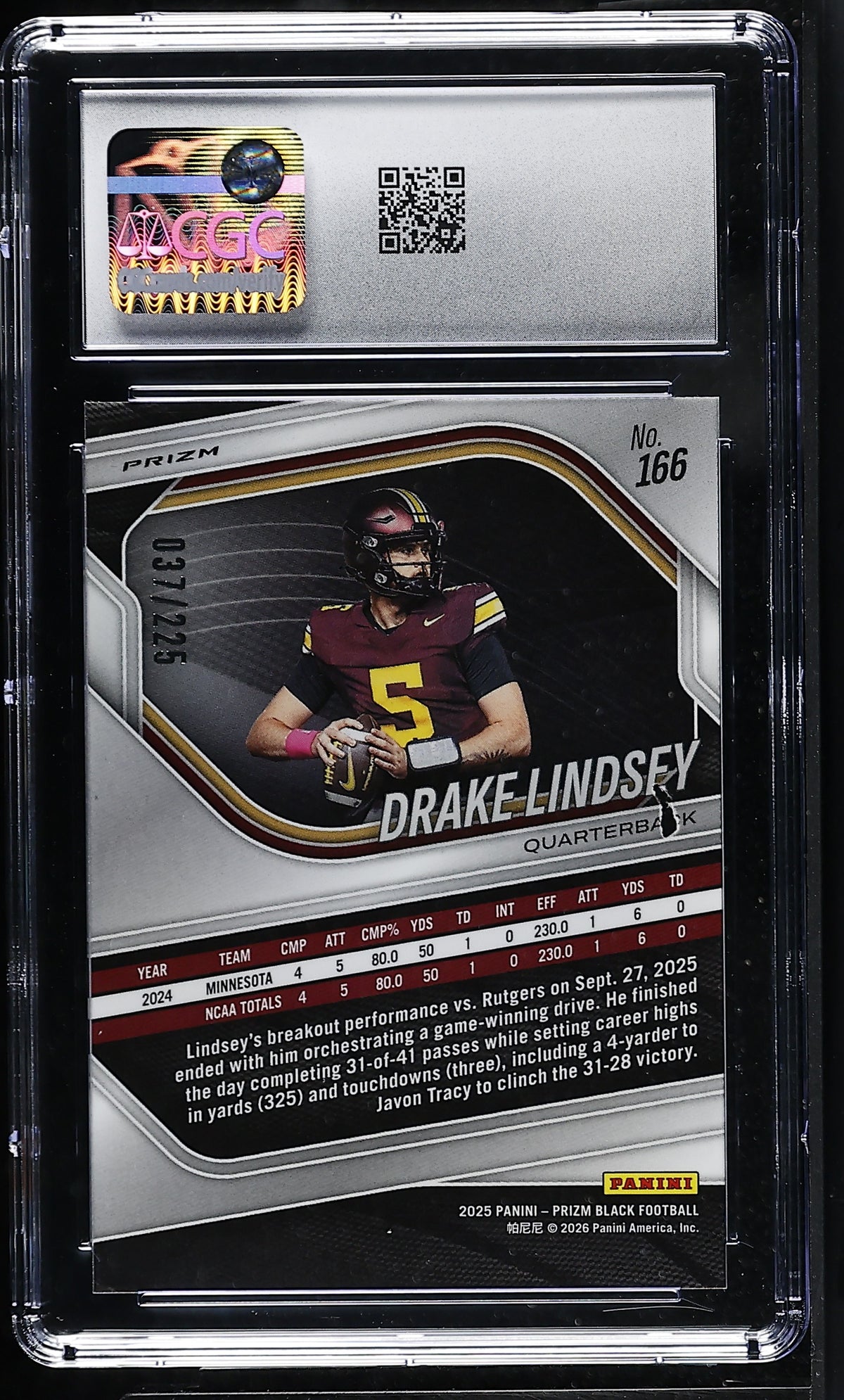 2025 Panini Prizm Black Drake Lindsey Football /225 Rookie #166 CGC 10 Minnesota