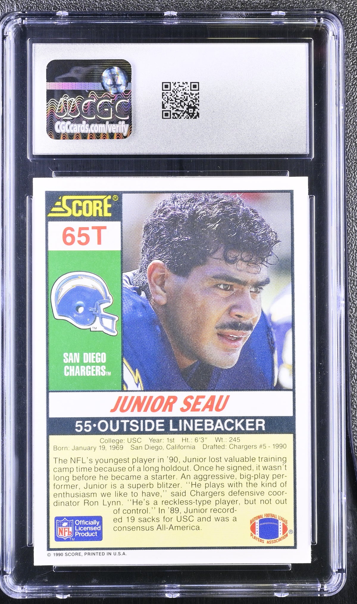1990 Score Supplemental Junior Seau Rookie #65T CGC 9.5 San Diego Chargers