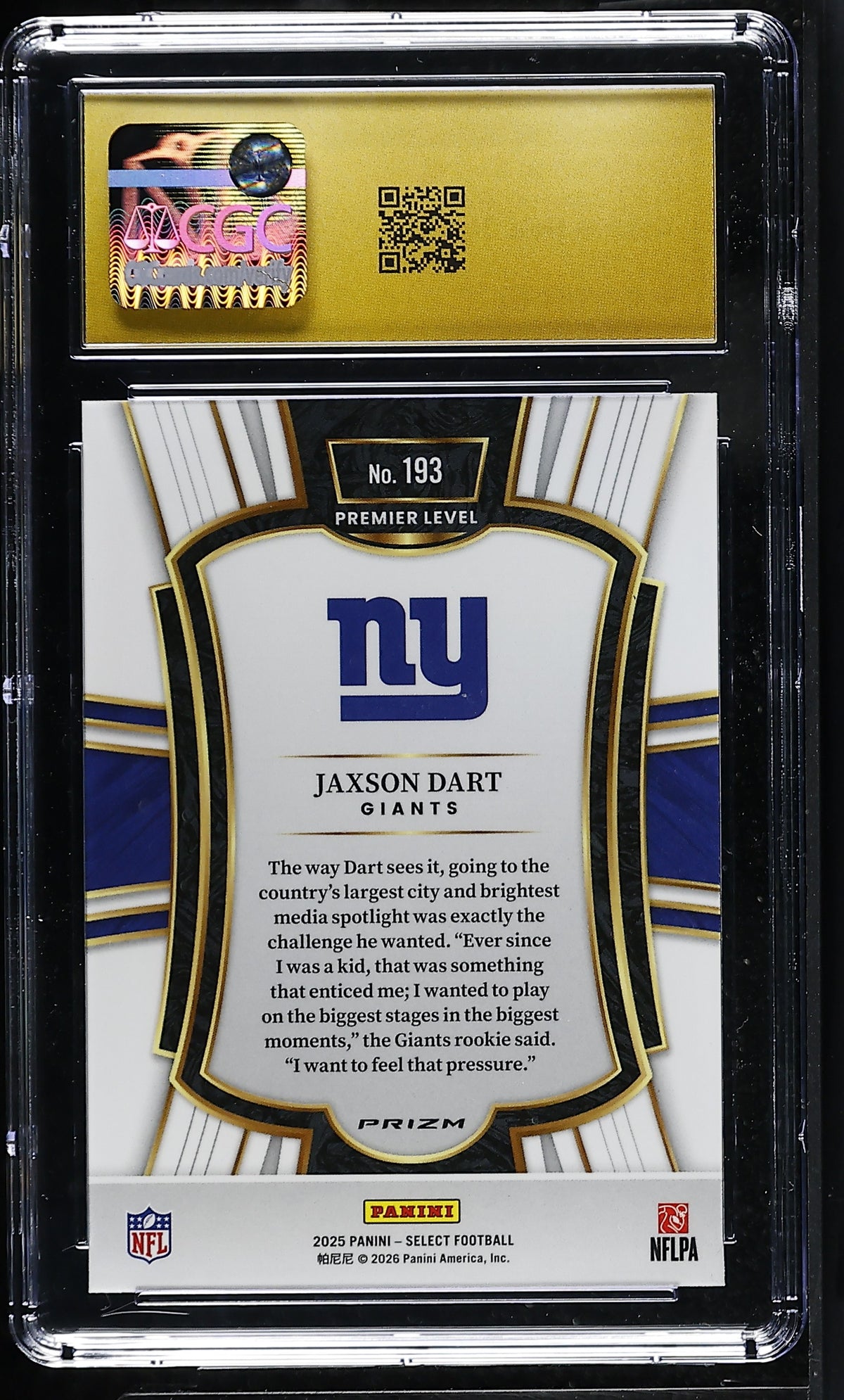 2025 Panini Select Jaxson Dart Black Red Shock Rookie 193 CGC 10 Pristine Giants