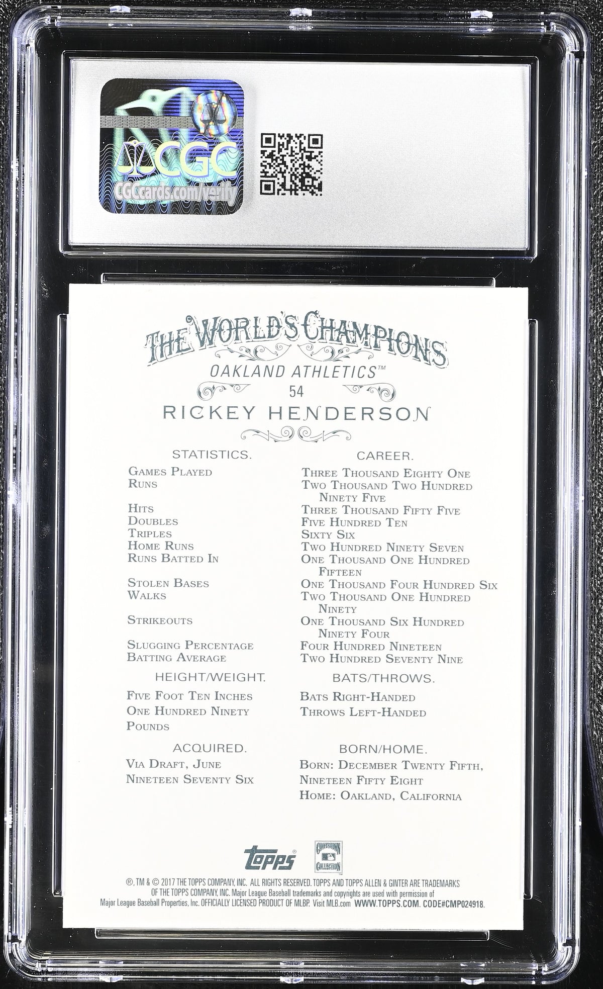 2017 Topps Allen & Ginter Rickey Henderson #54 CGC 9.5 Oakland Athletics