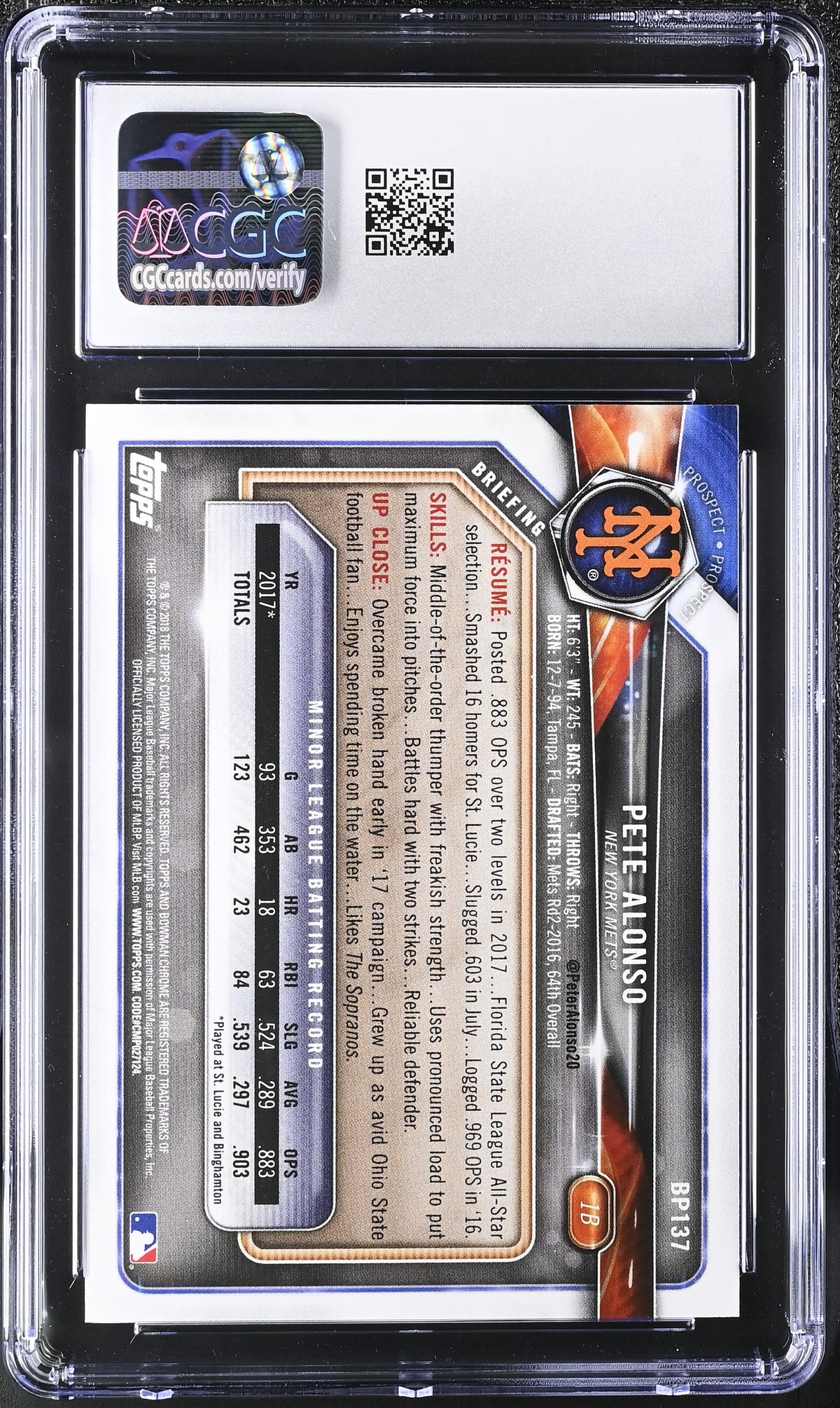2018 Bowman Pete Alonso #BP137 Prospects CGC 9.5