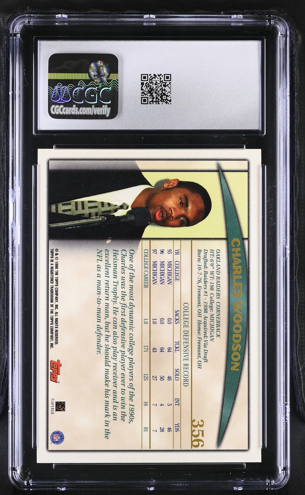 1998 Topps Charles Woodson Rookie #356 CGC 10 Los Angeles Raiders