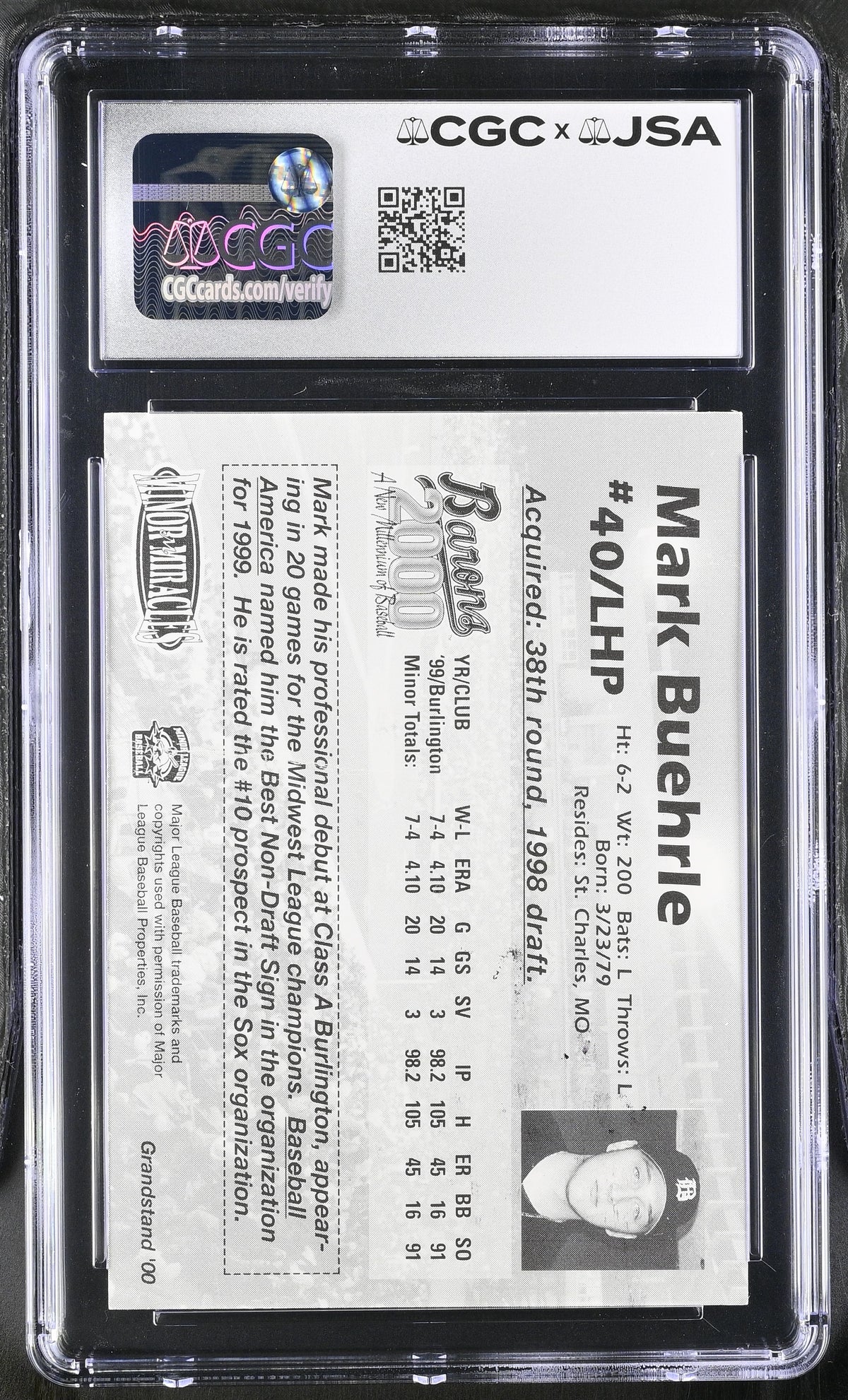 2000 Grandstand Birmingham Barons Mark Buehrle CGC Authentic JSA Auto 8