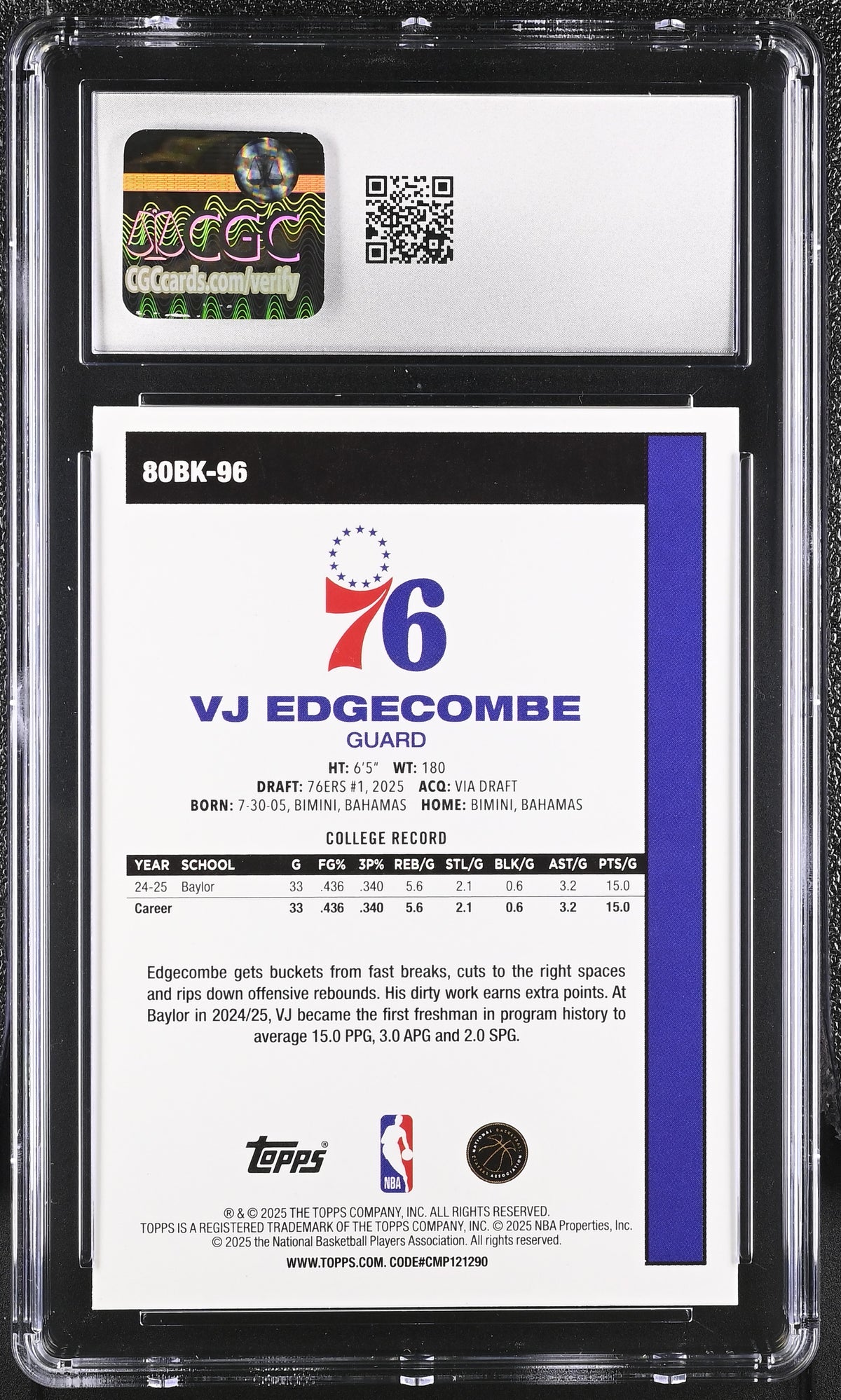 2025-26 Topps VJ Edgecombe Rookie '80-81 Topps #80BK-96 CGC 9.5 76ers