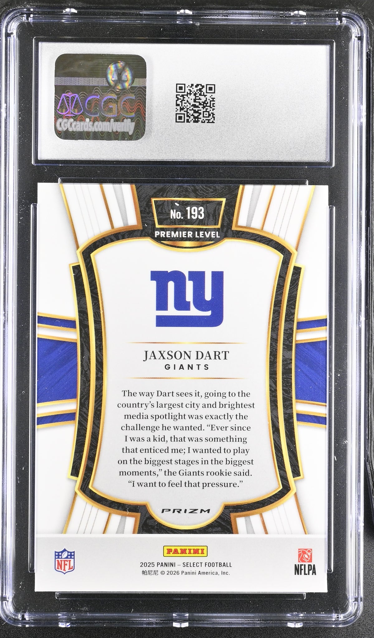 2025 Panini Select Jaxson Dart Black & Red Shock Rookie #193 CGC 10 Giants