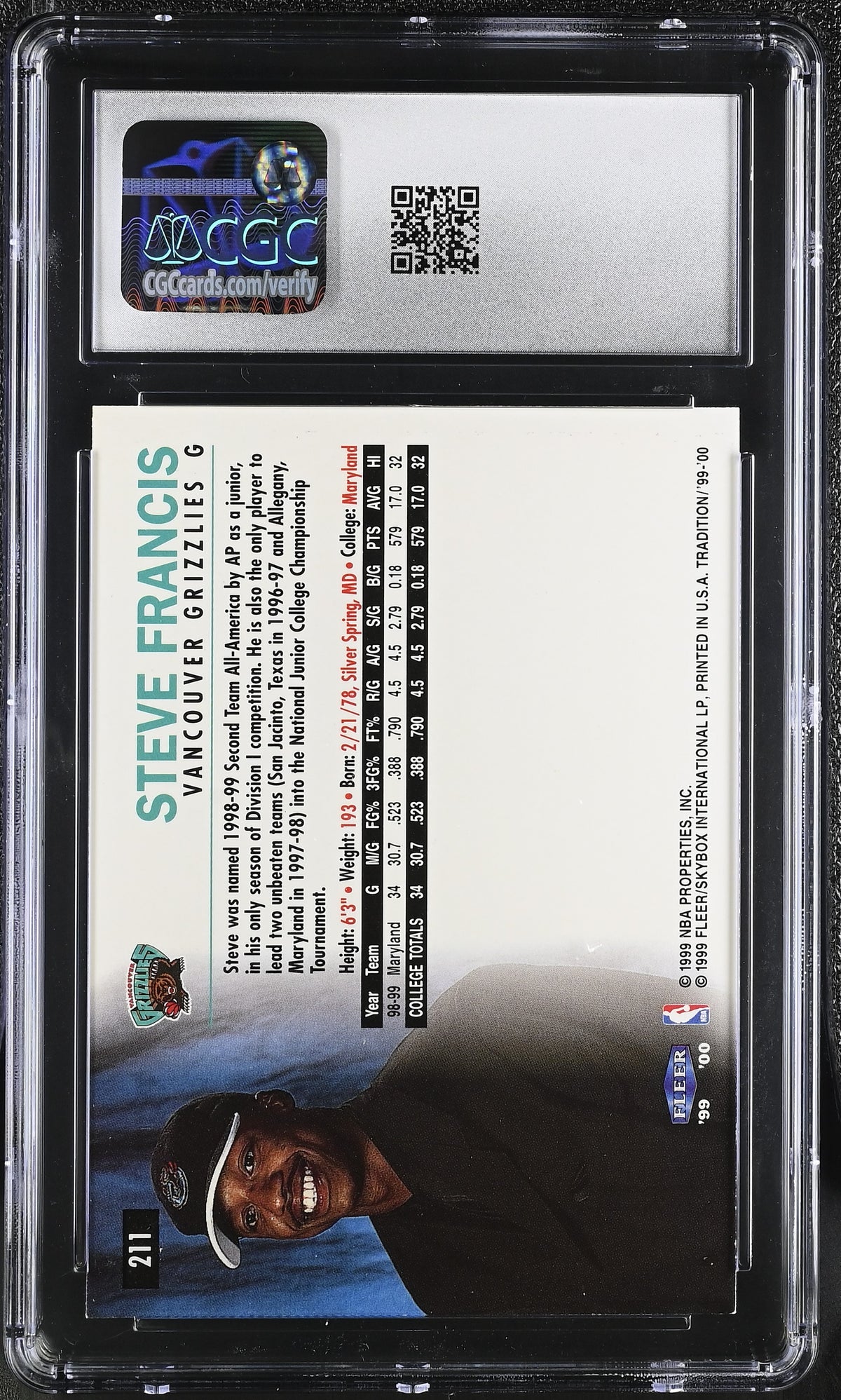 1999-00 Fleer Tradition Steve Francis Rookie #211 CGC 9 Memphis Grizzlies