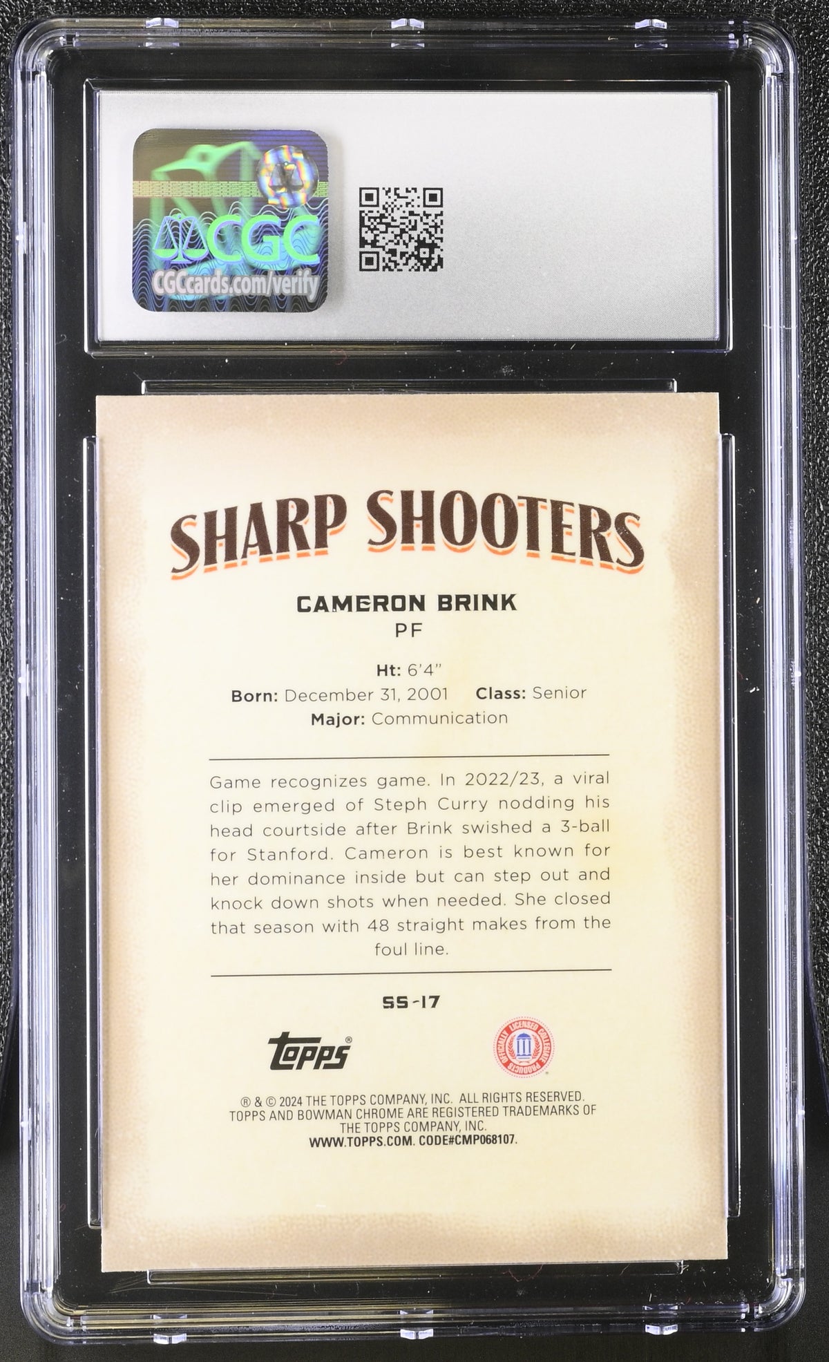 2023-24 Bowman University Chrome Cameron Brink Rookie Sharp Shooters SS-17 CGC 9