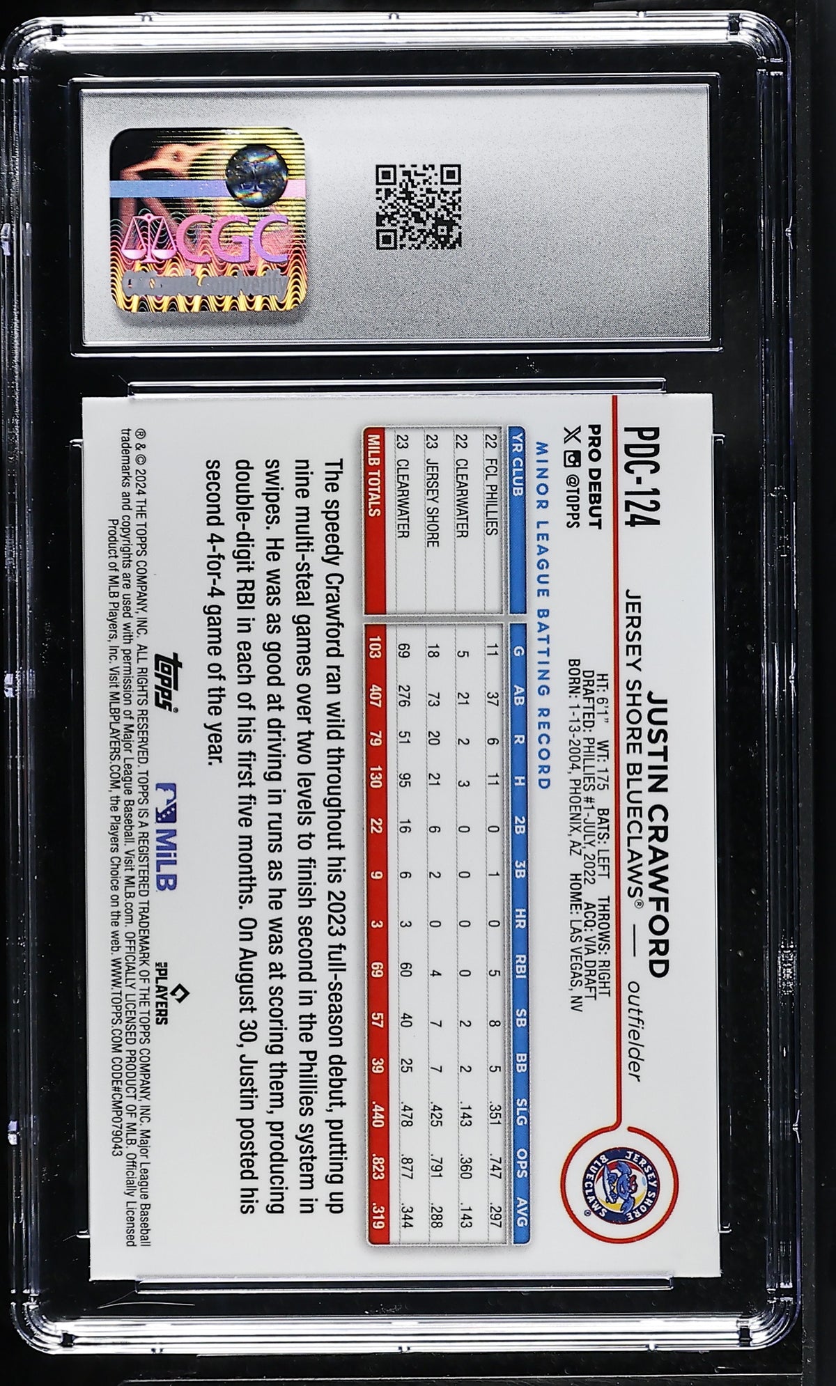 2024 Topps Pro Debut Justin Crawford Gold Refractor /50 Chrome #PDC-124 CGC 10