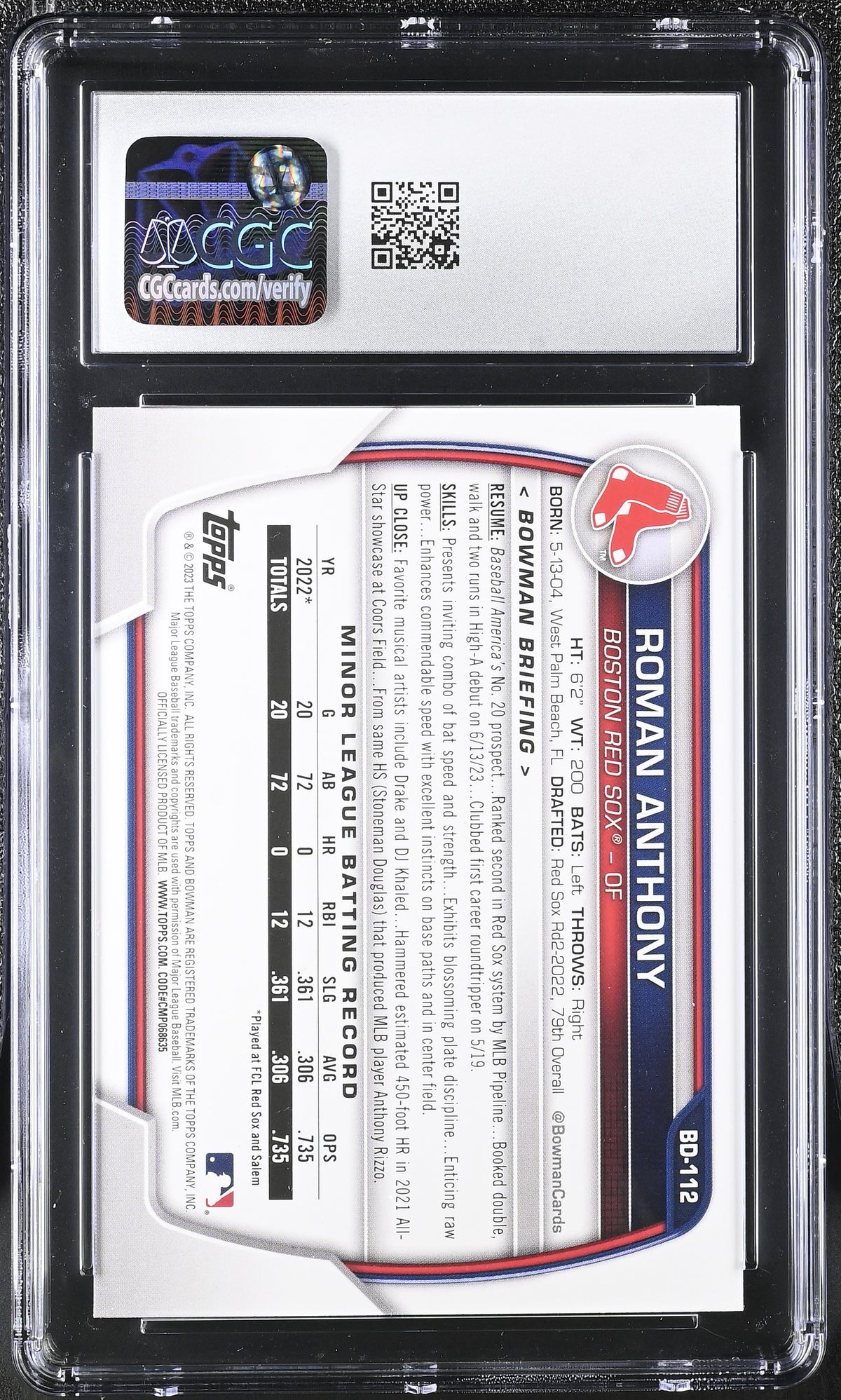2023 Bowman Draft Roman Anthony Aqua/Pink Gradient /199 #BD-112 CGC 9 Red Sox