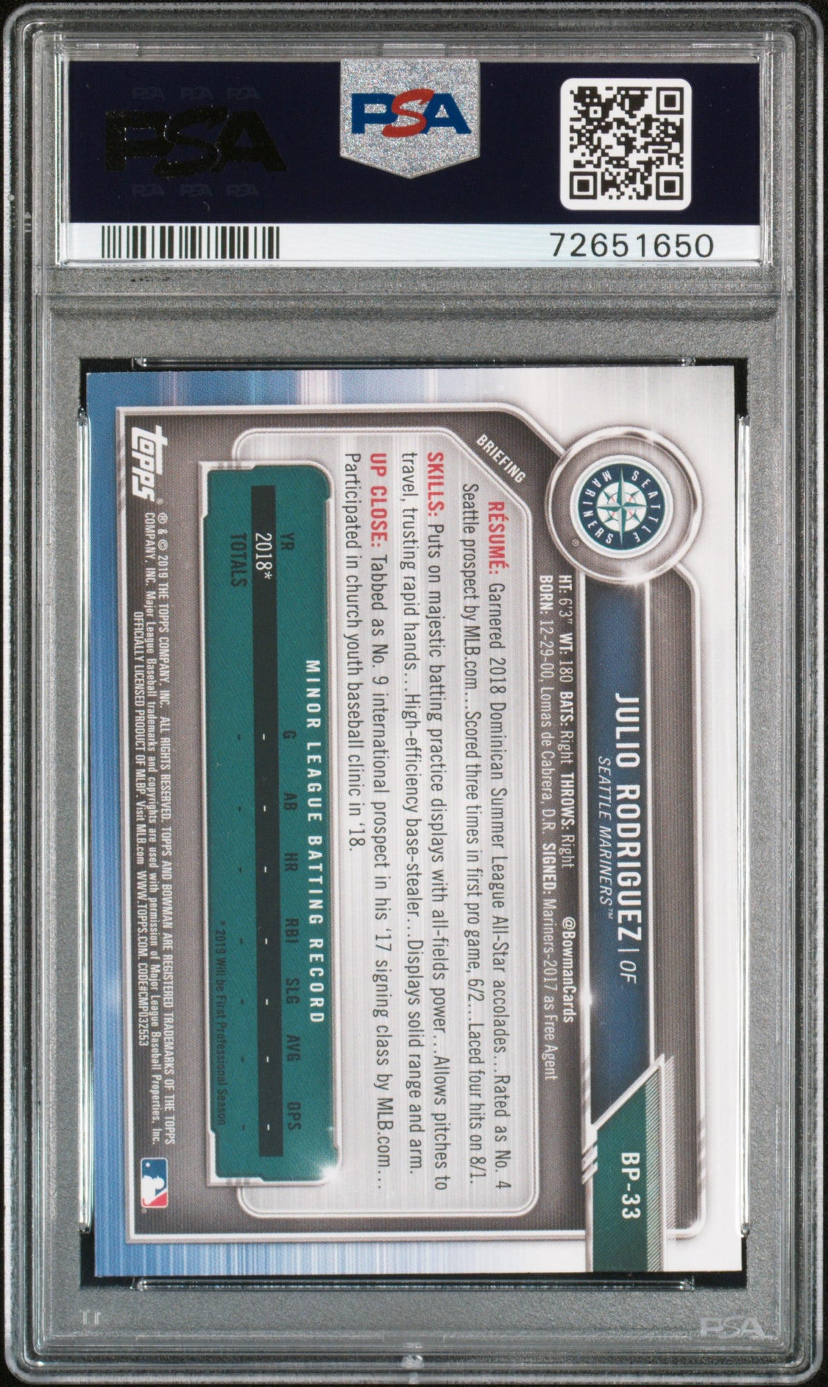 2019 Bowman Paper Prospects Julio Rodriguez #BP33 PSA 9