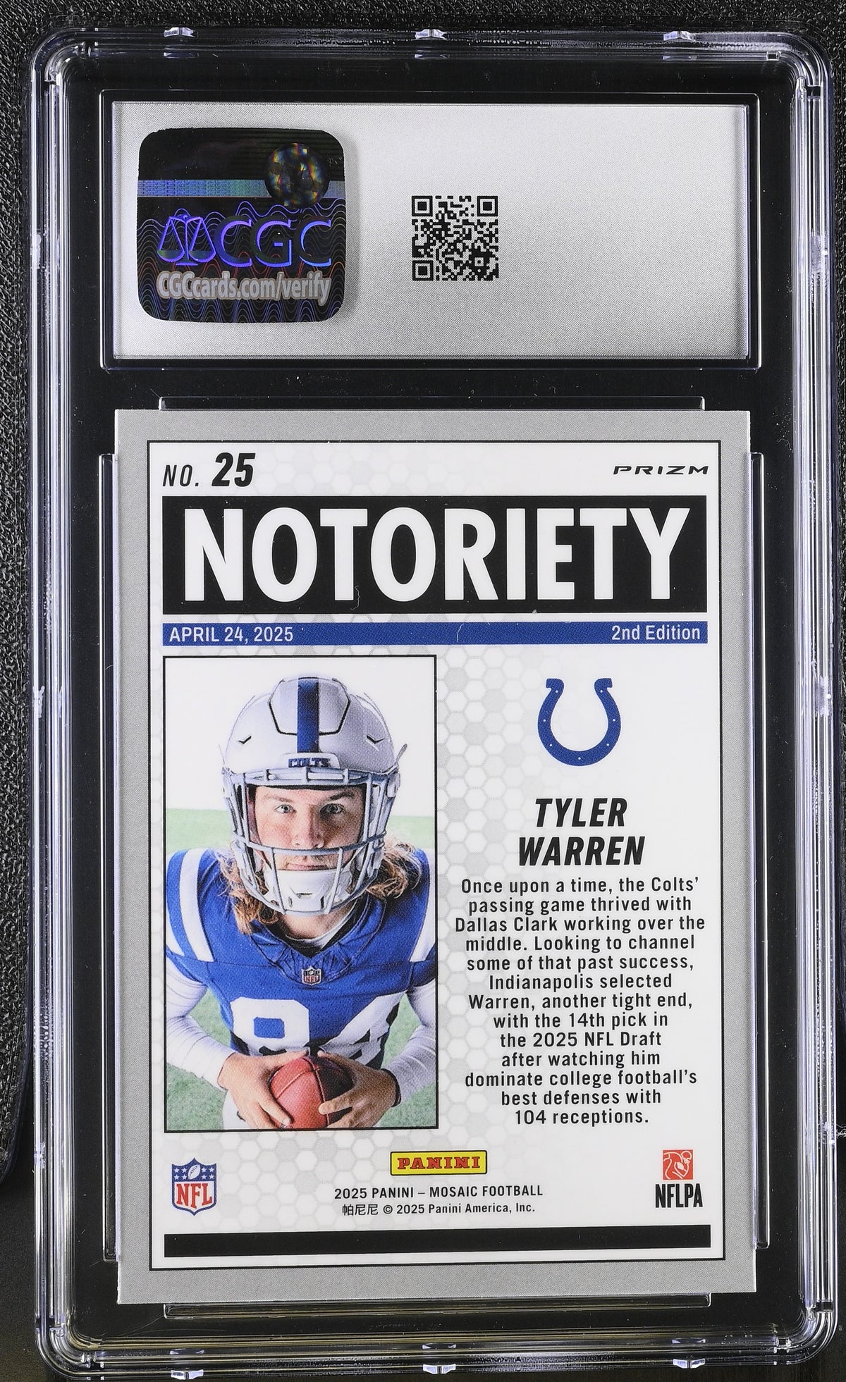2025 Mosaic Tyler Warren Orange Fluorescent Rookie Notoriety #25 CGC 10 Colts