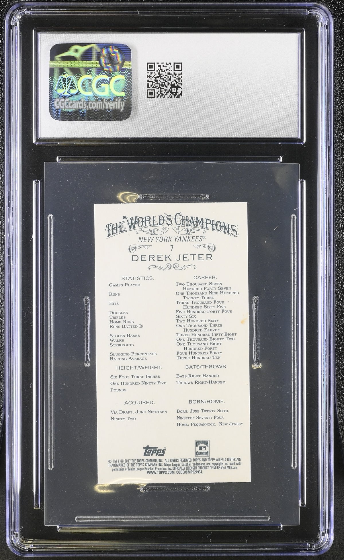 2017 Topps Allen & Ginter Derek Jeter Mini #7 CGC 10 New York Yankees