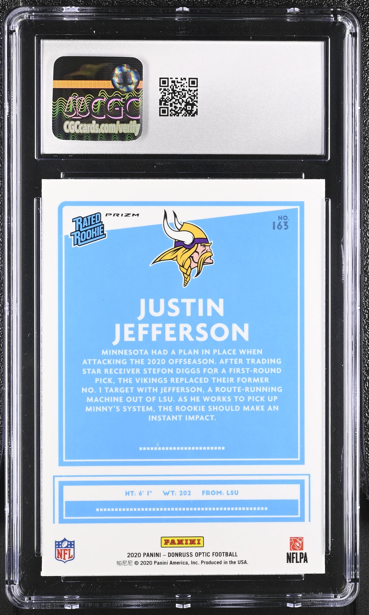 2020 Donruss Optic Justin Jefferson Holo Rookie #163 CGC 10 Minnesota Vikings