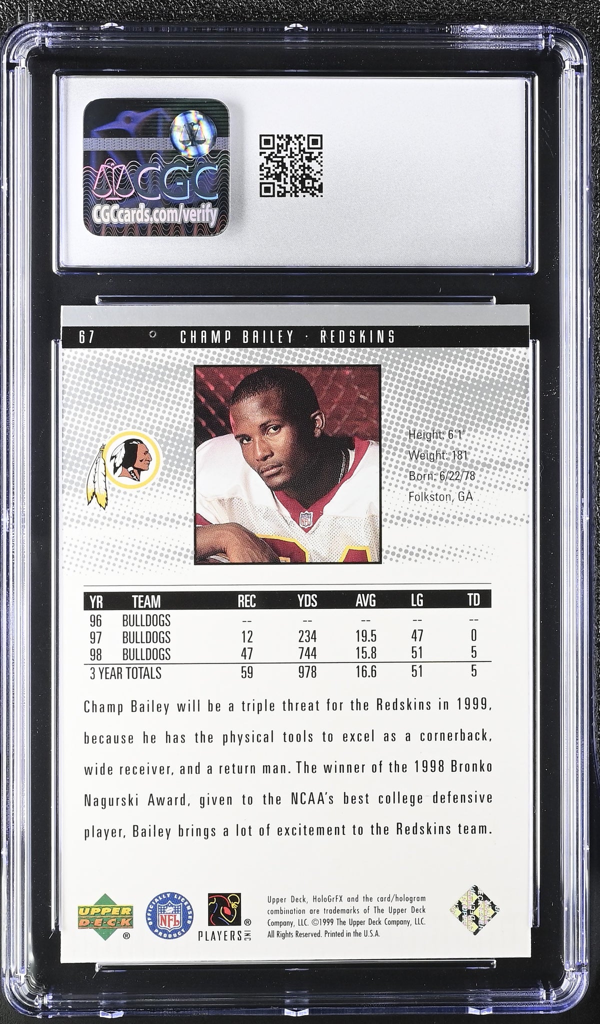 1999 Upper Deck Hologrfx Champ Bailey Rookie #67 CGC 9.5 Washington Redskins