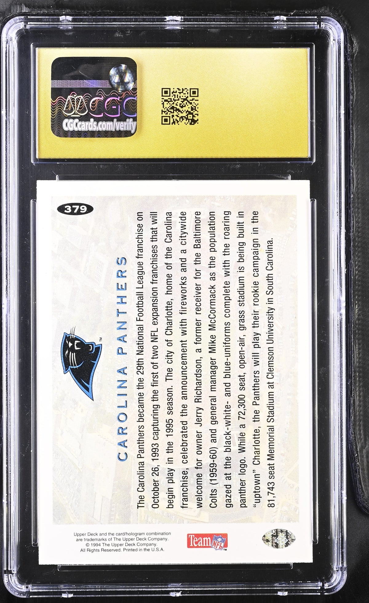 1994 Collector's Choice Carolina Panthers #379 CGC 10 Pristine